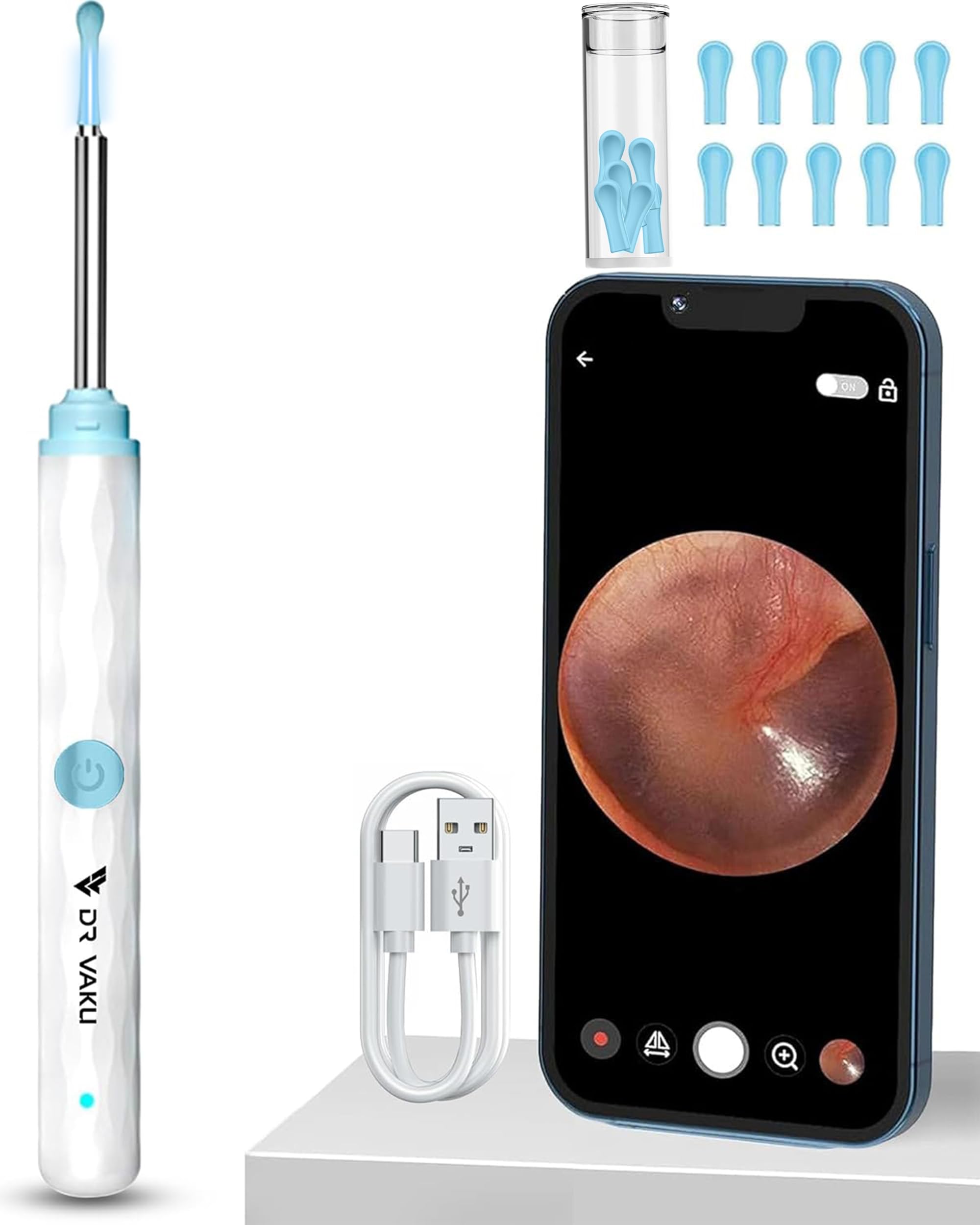 Dr Vaku® Earocam Ear Cleaner Earwax Removal Tool Kit with HD Camera Wifi Connection & 6 LED Lights Endoscope Tool for iOS & Android + 11 Silicone Tips Free (White)