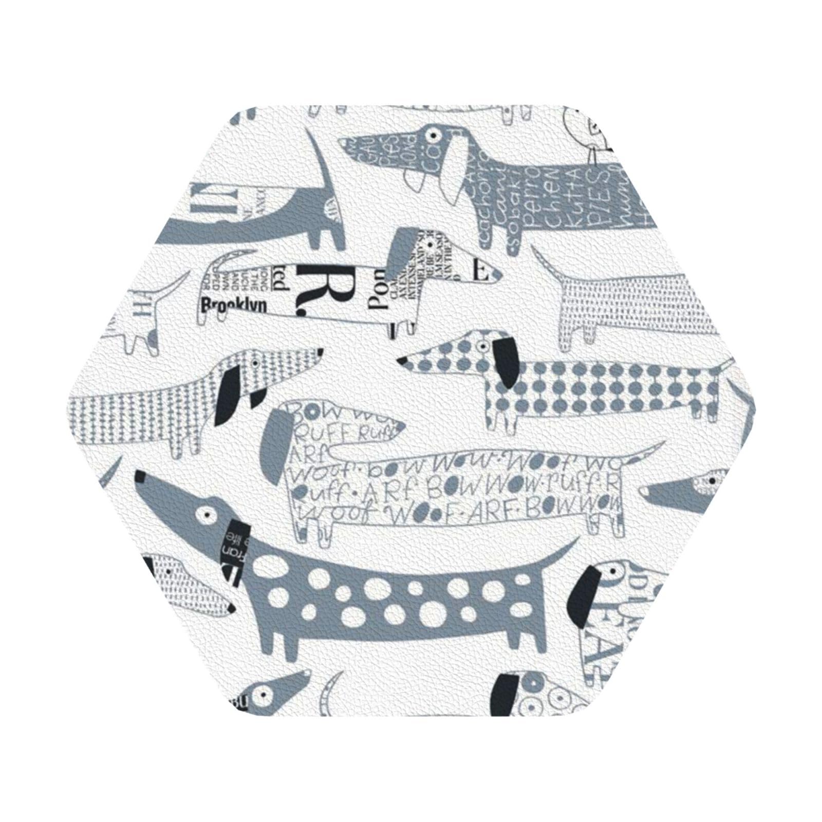 Cute Dachshund Dog PU Leather Coasters Set of 6 Hexagon Drink Coasters