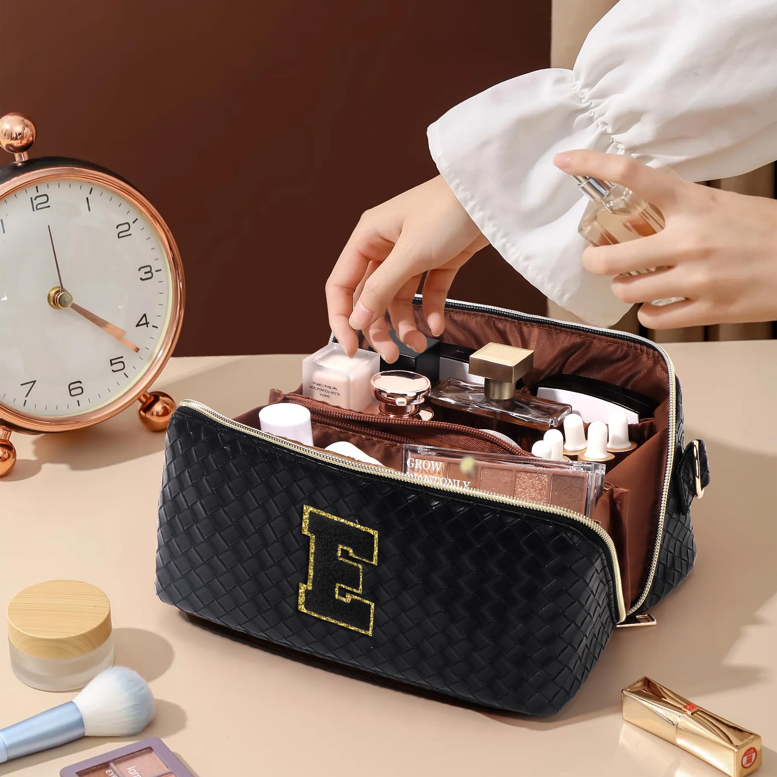 Deciniee Borsa Cosmetica da Viaggio: Beauty Case da Viaggio Donna Lettera Personalizzata - Portatile Beauty Case Donna per Le Donne Ragazze - Nero E