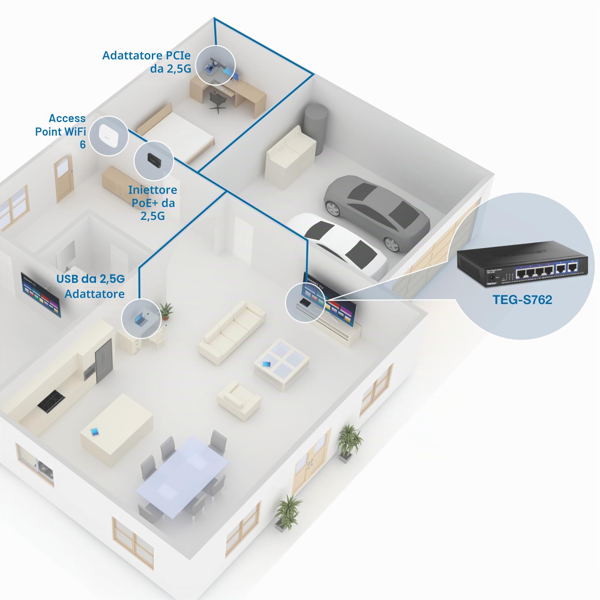 TRENDnet TEG-S762 Switch 6 porte 10G, 4 porte RJ-45 Base-T da 2,5 G, 2 porte RJ-45 10G, capacità di commutazione 60 Gbps, montabile a parete, connessioni di rete 10 Gigabit, nero