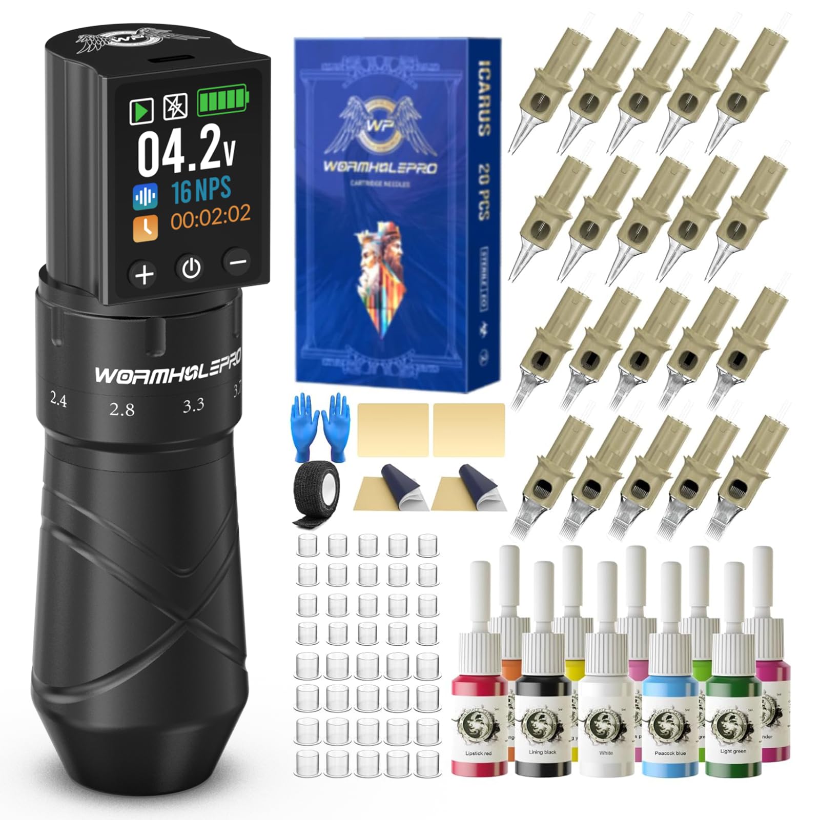 WORMHOLEPRO Tattoo Gun Kit with 2,300 mAh Battery, 5 Adjustable Stroke, Wireless Tattoo Machine, 20Pcs Tattoo Needles for Adults - Black