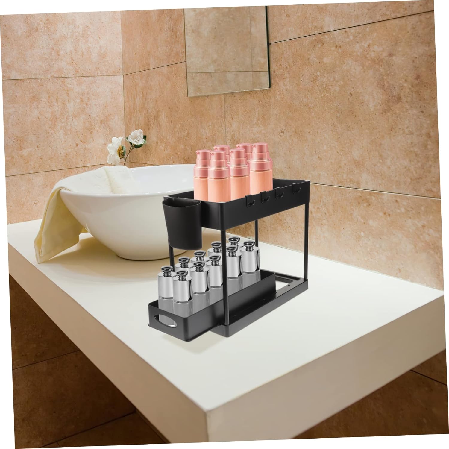 VOSAREA 2 Layer Under Sink Organizer Sliding Drawer Kitchen Storage Rack Multi-Function Cabinet Organizer Hooks for Bathroom and Kitchen Supplies