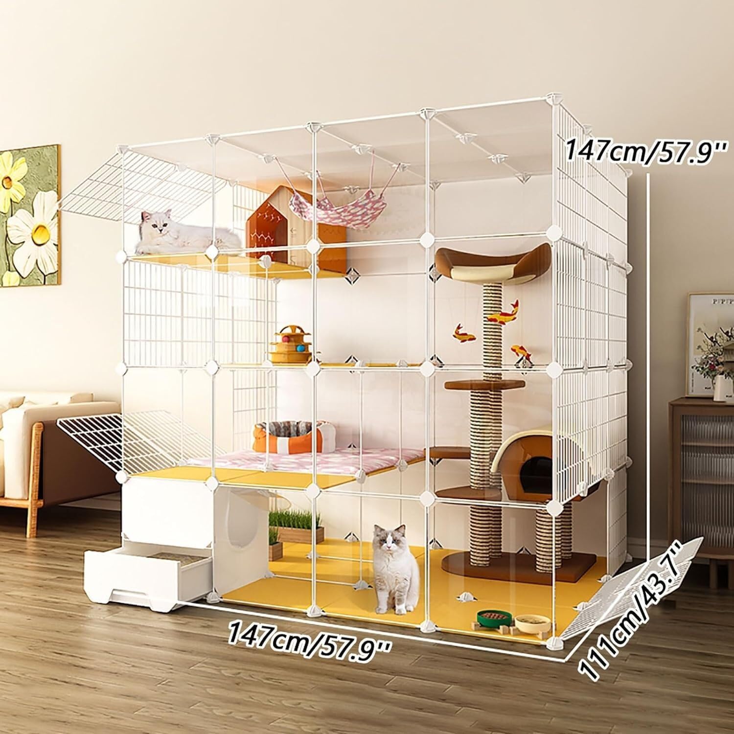 Cat House Large Cat Cages Indoor,Semi-Enclosed Detachable Metal Wire Kennels Pet Enclosure,Large Exercise Place Ideal for 1-3 Cats for Cat and Small Animals,147x111x147cm