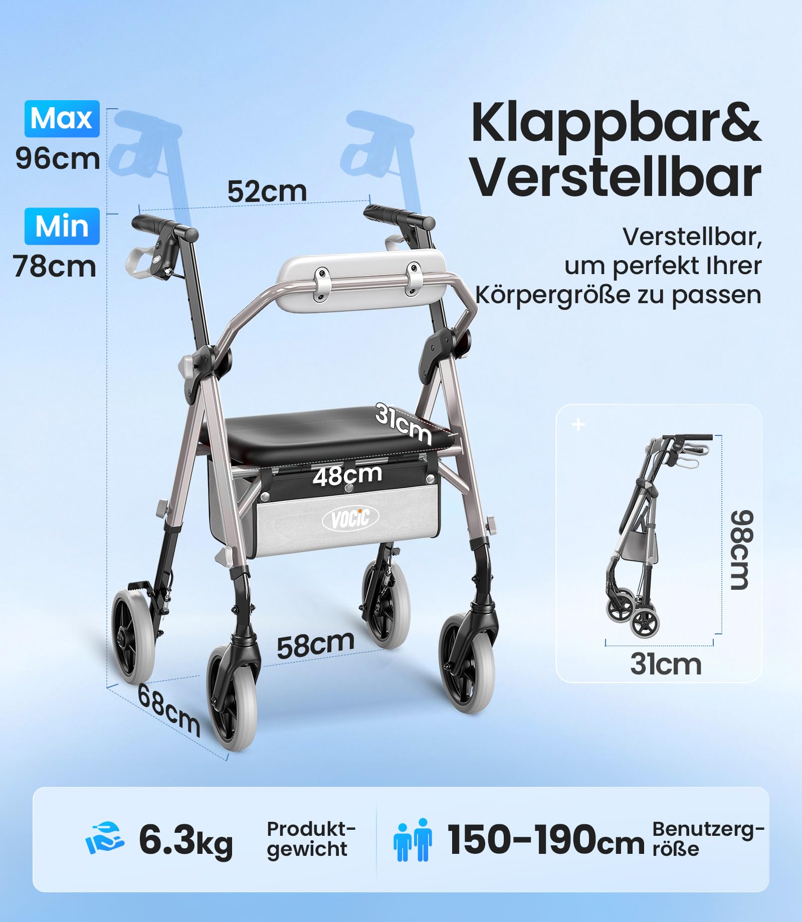 VOCIC Rollator faltbar und leicht mit Sitz, 6,3kg Ultraleicht für Senioren | Rollator klappbar, Max 150 kg, Ergonomischer Sitz, höhenverstellbar, Walker schmal für wohnung & Reise,Silber