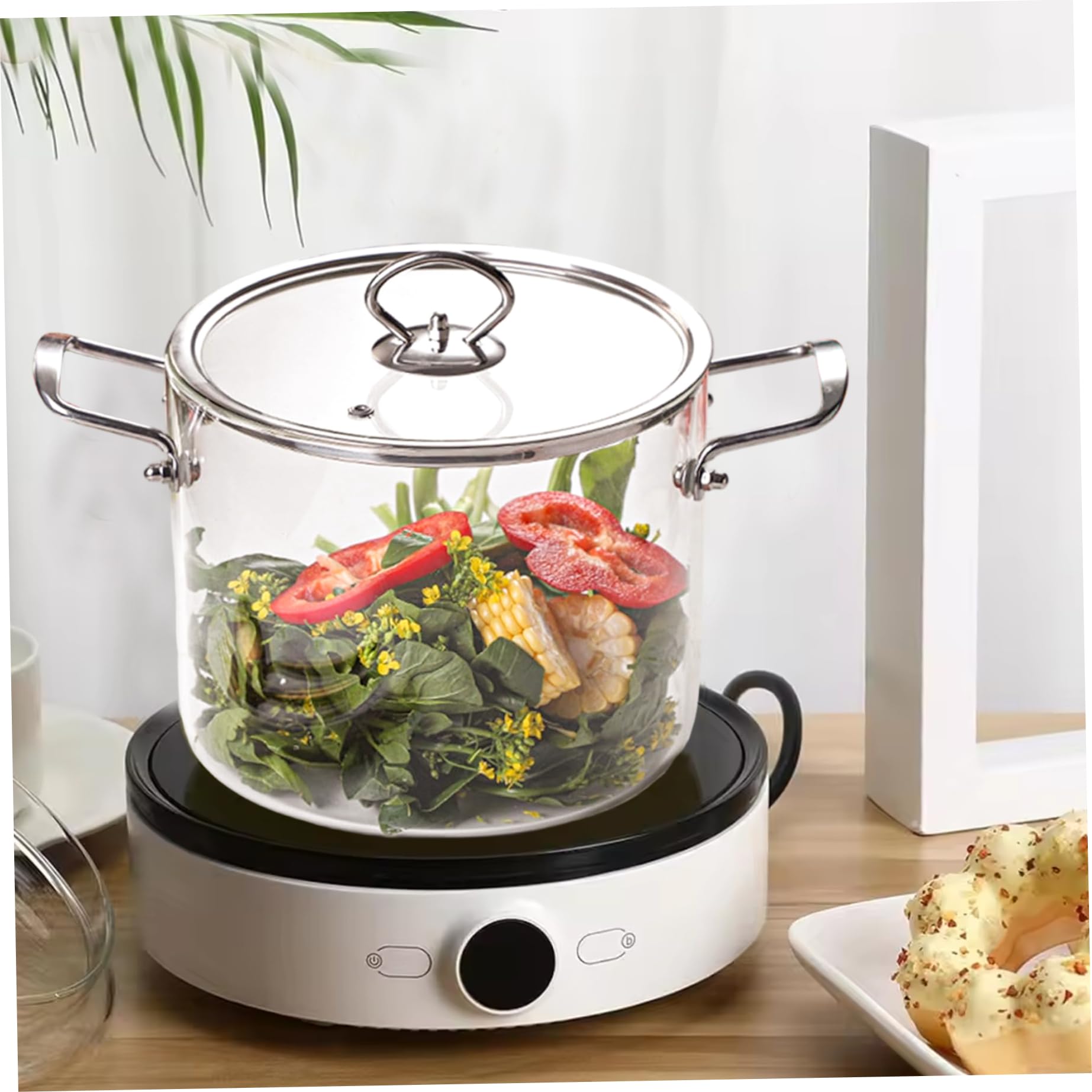 Glastopf mit Deckel, 4 l transparenter Kochtopf mit zwei Edelstahlgriffen zum Kochen von Nudeln und Suppen