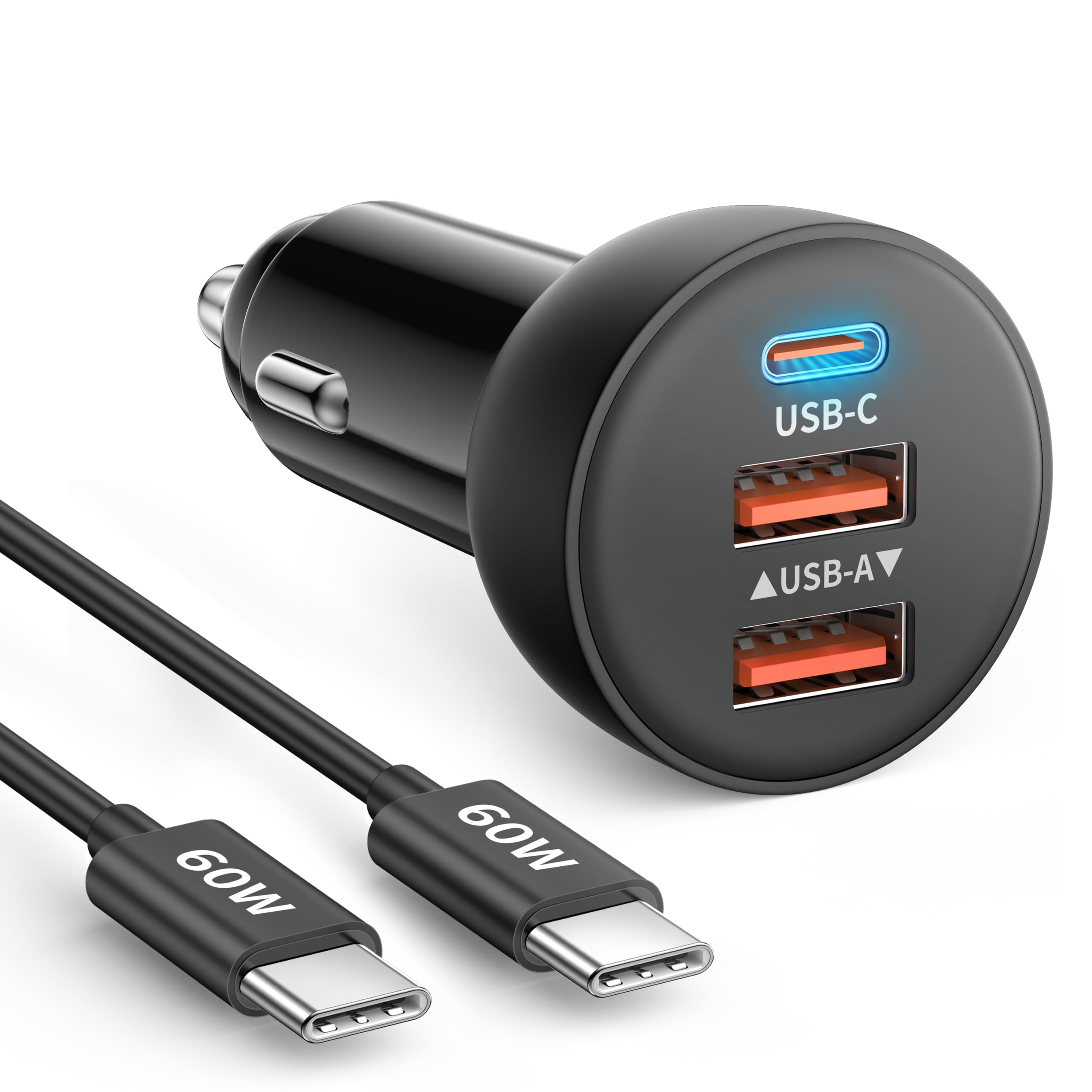 Caricabatteria da auto a 3 porte per iPhone 16/16e/15 Pro Max Plus, 53 W, ricarica rapida USB-C USB-A caricabatteria da auto e cavo da USB C a C per iPhone 15/16e/16, iPad, Galaxy, accessori Android