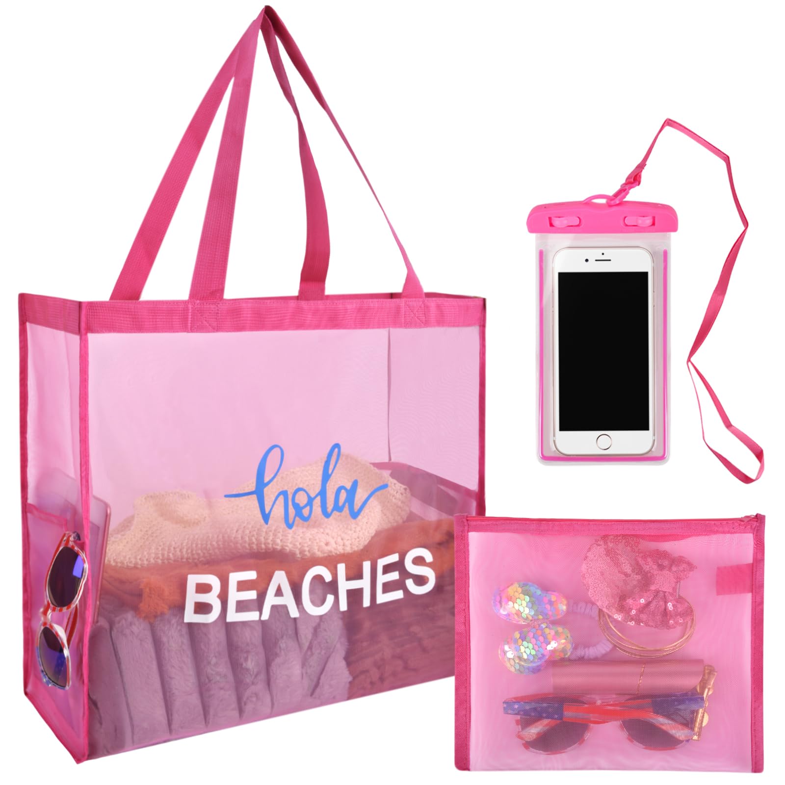 QZUnique Mesh Beach Tote Bag Set - Large Sand Pool Bag with 2 Pocket for Women, Makeup Bag, Waterproof Phone Pouch