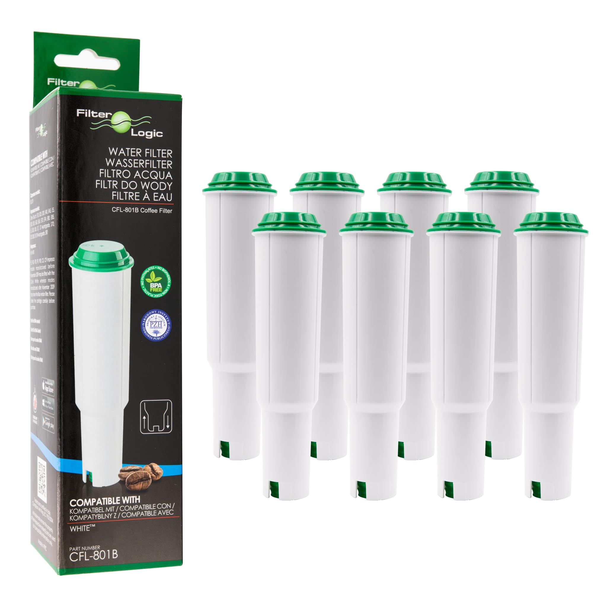 FilterLogic CFL-801B | 8x Filtro de agua compatible con JURA máquina de café espresso con WHITE 60209 68739 62911 cartucho filtrante para cafetera automática