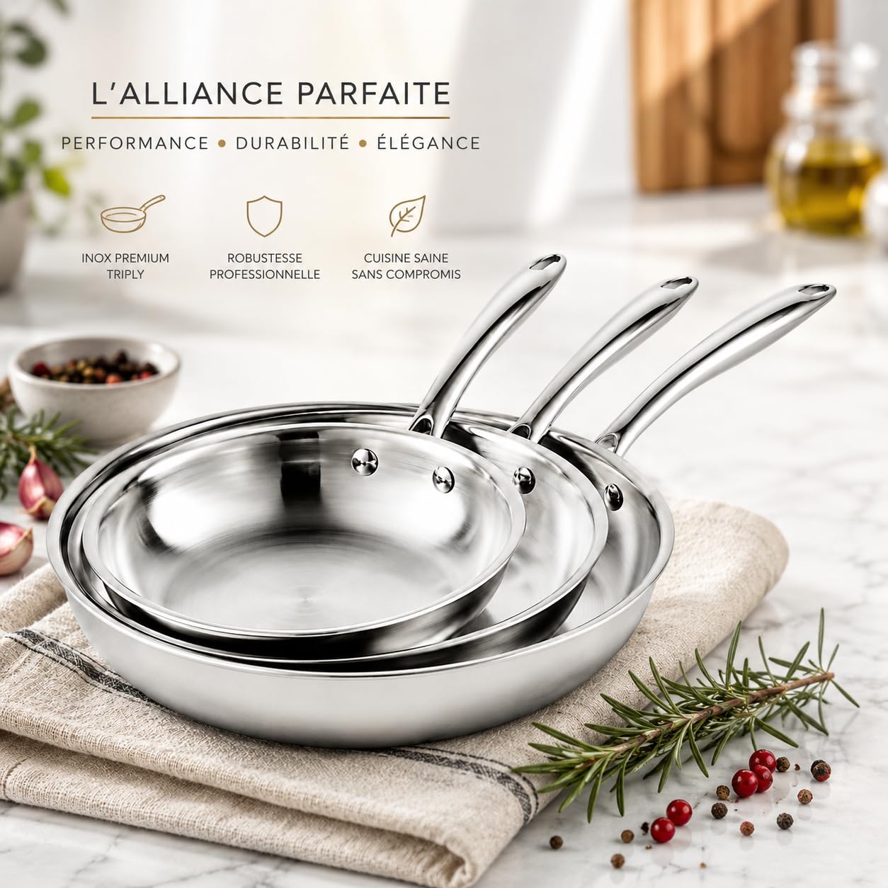 Poêle Inox 18/10 Triply Premium Sans PFAS/PFOA/PTFE/Cadmium, Acier Inoxydable 3 Couches, Compatible Induction, Tous Feux et Four, Qualité Professionnelle (Lot de 3 poêles 20/24/28cm)