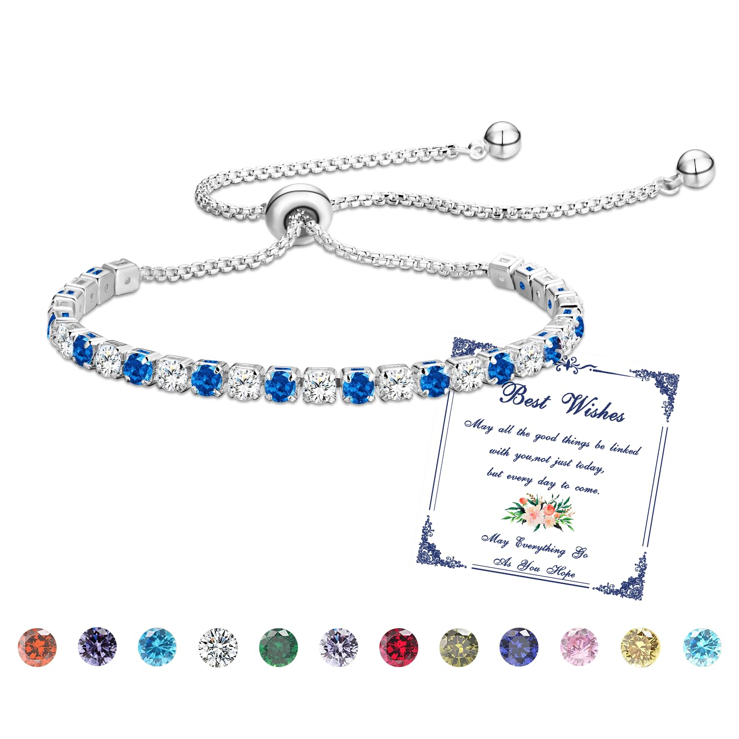 Esmoly Bracciale Donna Argento Bracciale Tennis con 12 Colori di Pietre Natali e 5A Sparkle Zircone Regolabile Regalo Compleanno Donna Ragazza