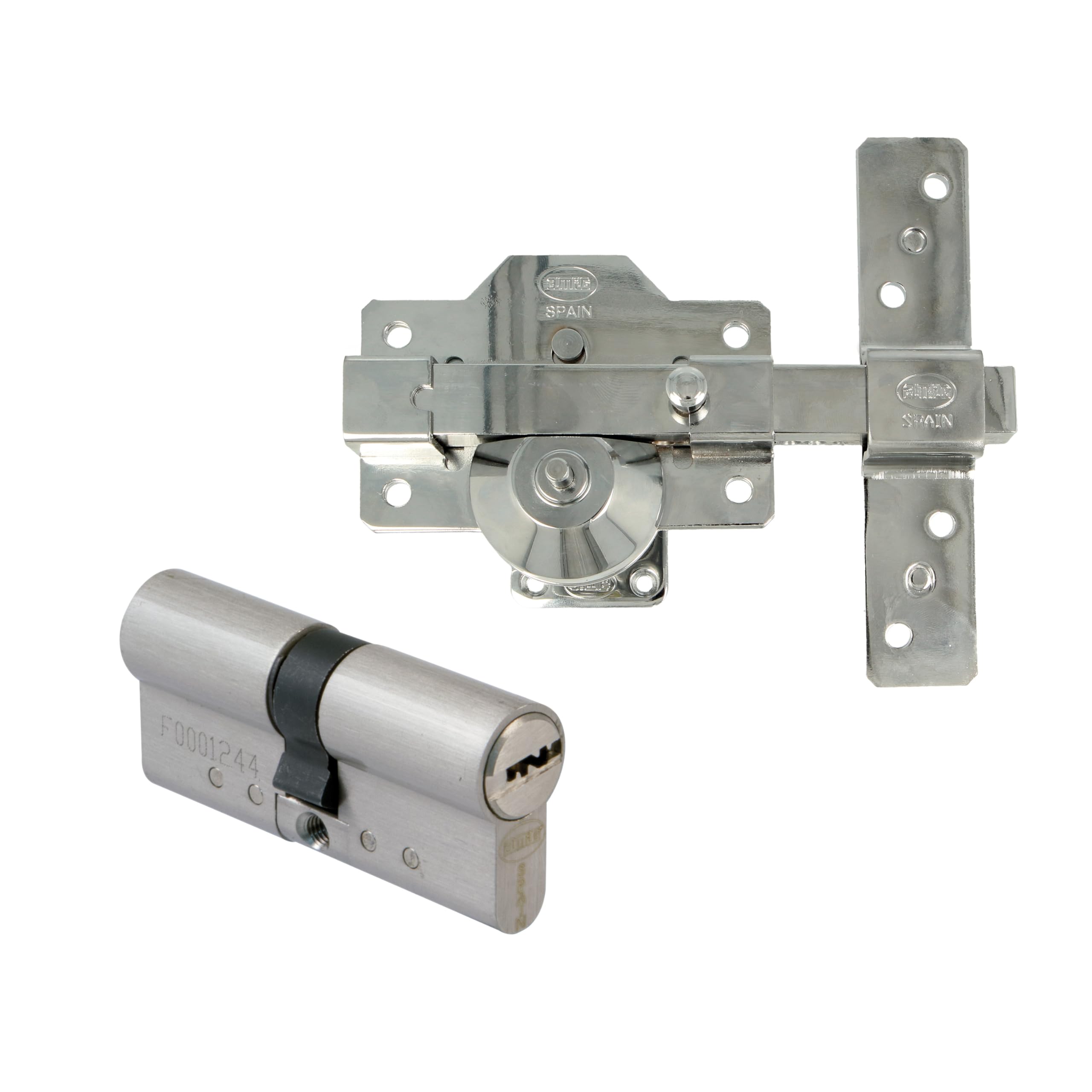 Amig - Pack de Seguridad Cerrojo de Sobreponer y Cilindro Redondo Mod. 1EPLUS - Pestillo de Apertura y Sistema Antibumping- Cerrojo 90 x 154 mm - Cilindro ø 70 mm (35-35) - 5 Llaves - Acero - Plateado