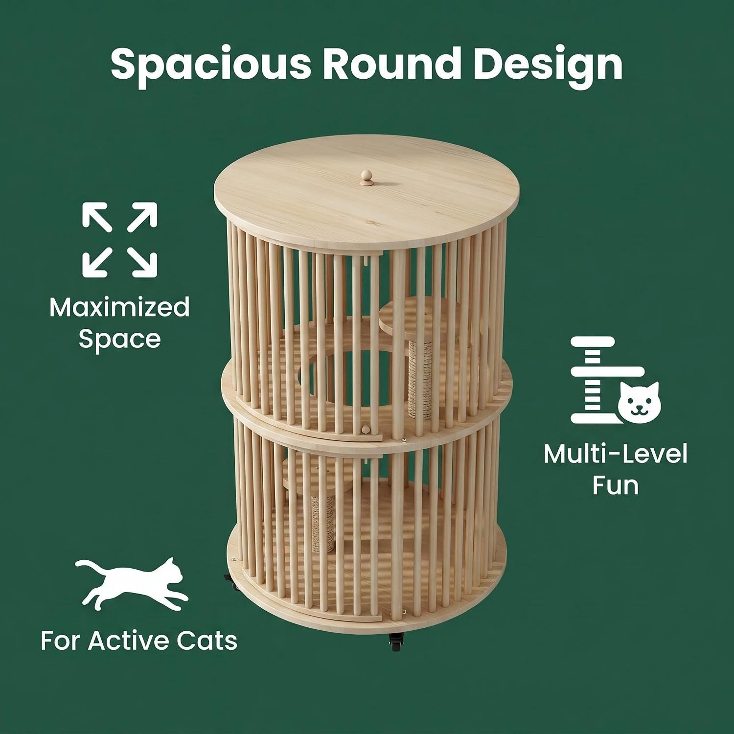 Round Cat Cage – Solid Wood Indoor Cat House & Villa, Multi-Level Spacious Pet Enclosure for Cats Kittens Small Animals, 1/2 Tier, Light Wood (1-Tier)
