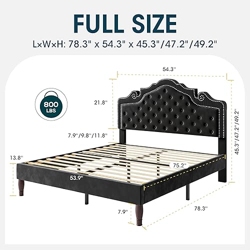 Miniatura 2 de WEEWAY Base de cama tamaño matrimonial con tiara ajustable de terciopelo y cabecero curvado y alta resistencia, plataforma tapizada con botones de