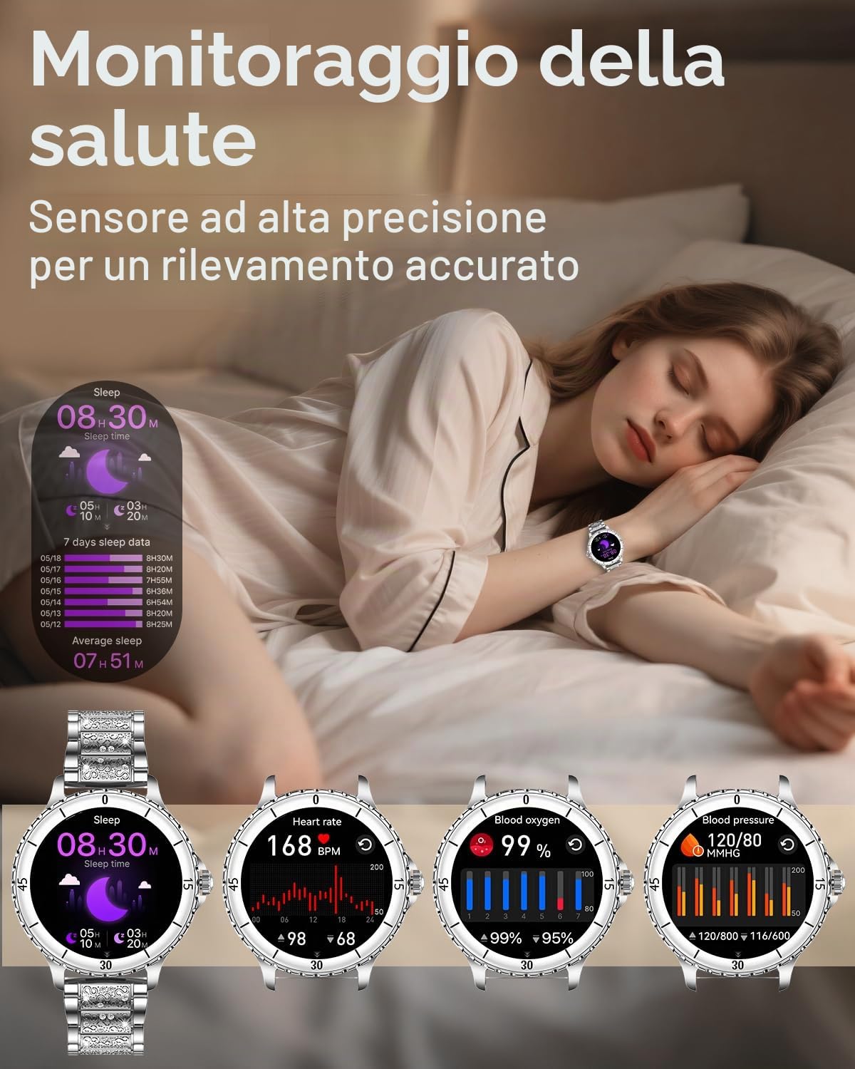 Smartwatch Donna Chiamate Bluetooth, 1.27" Orologio Smart Watch Rotondo con Cinturino di Diamante, Compatibile Android/iOS, IP68 Impermeabile Fitness Trackert con Cardiofrequenzimetro Sonno, Argento