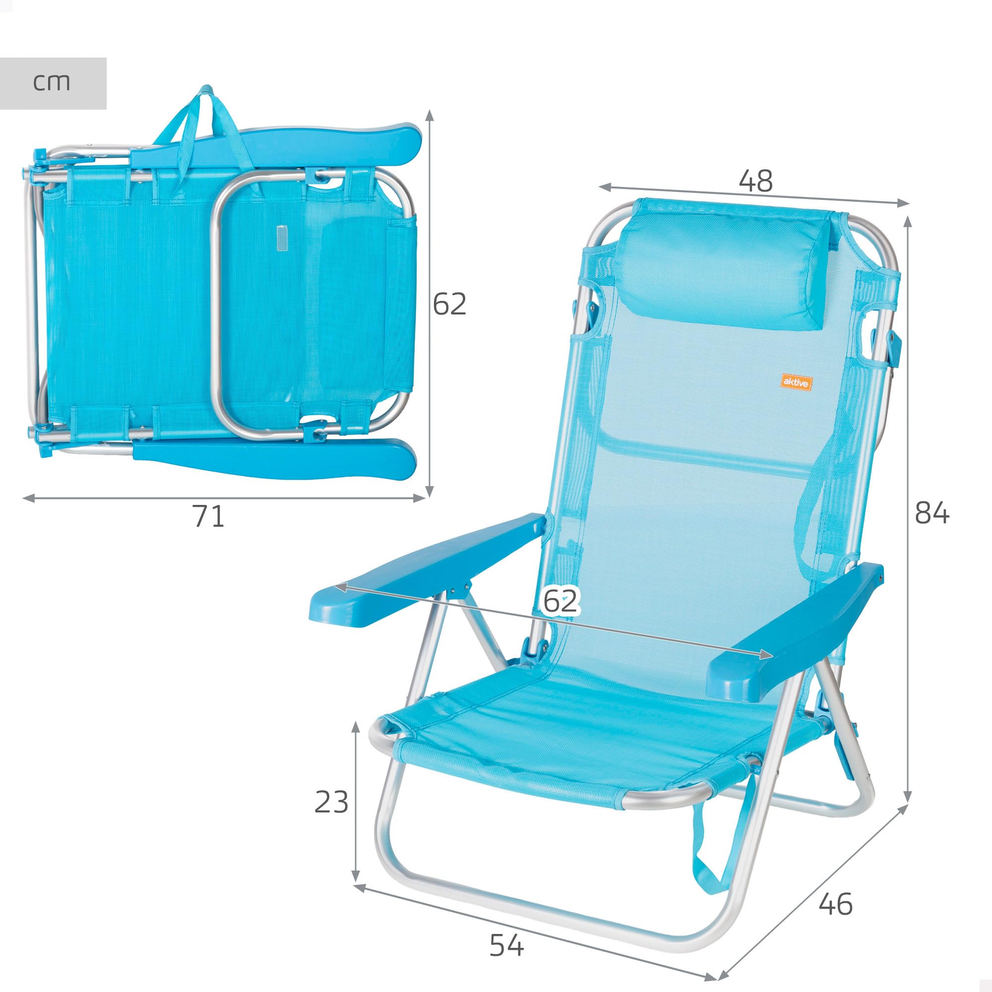 AKTIVE Silla de Playa Plegable, Multiposición, 5 Posiciones, Textileno y Aluminio, Azul, 48x46x84 cm, 110 kg, Respaldo Alto Acolchado