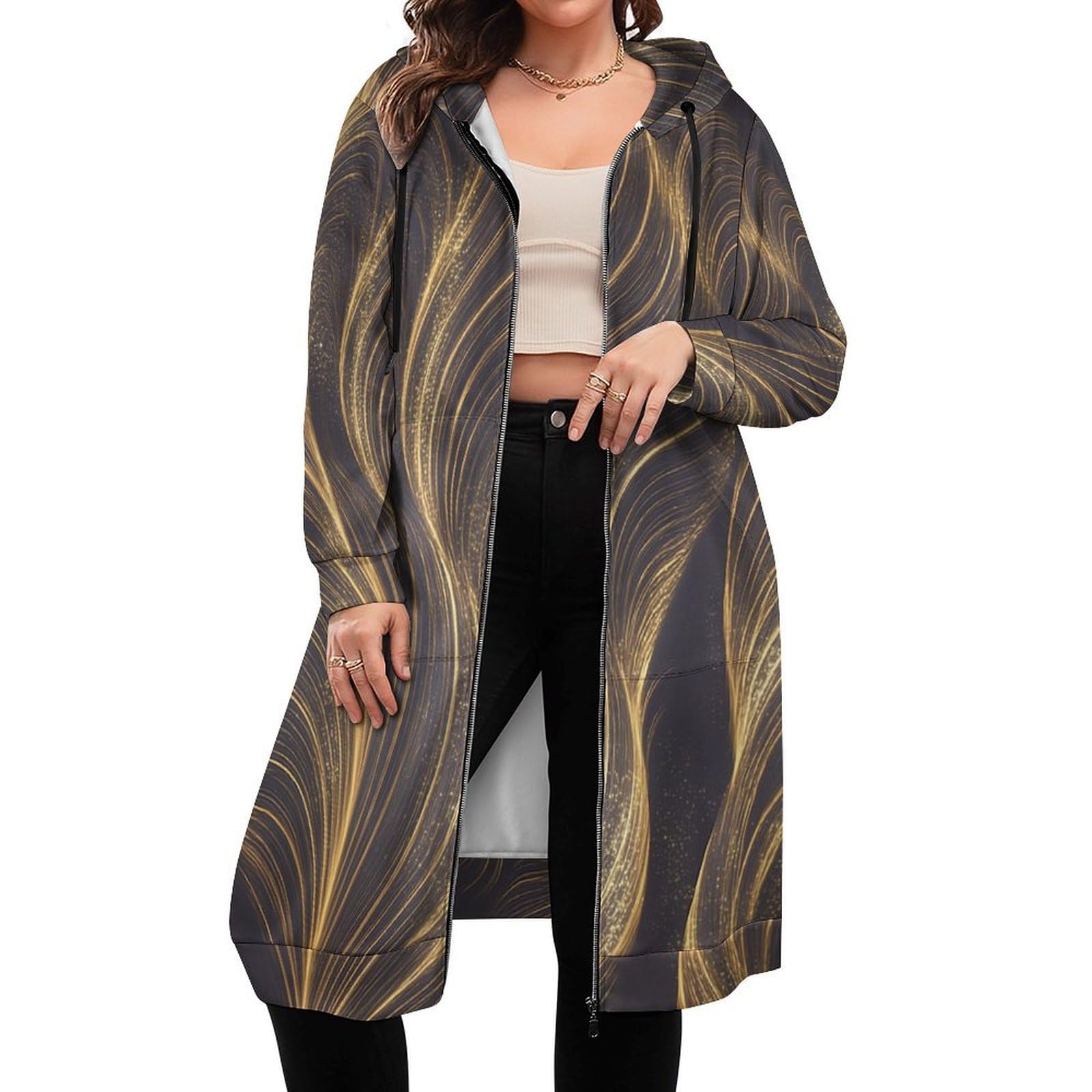 Felpa Donna con Zip Felpe Sportiva con Tasche E Cappuccio Elegante Motivo A Onde Morbida Invernale Giacca Regolabile Oro Confortevole per Uso Quotidiano Casual