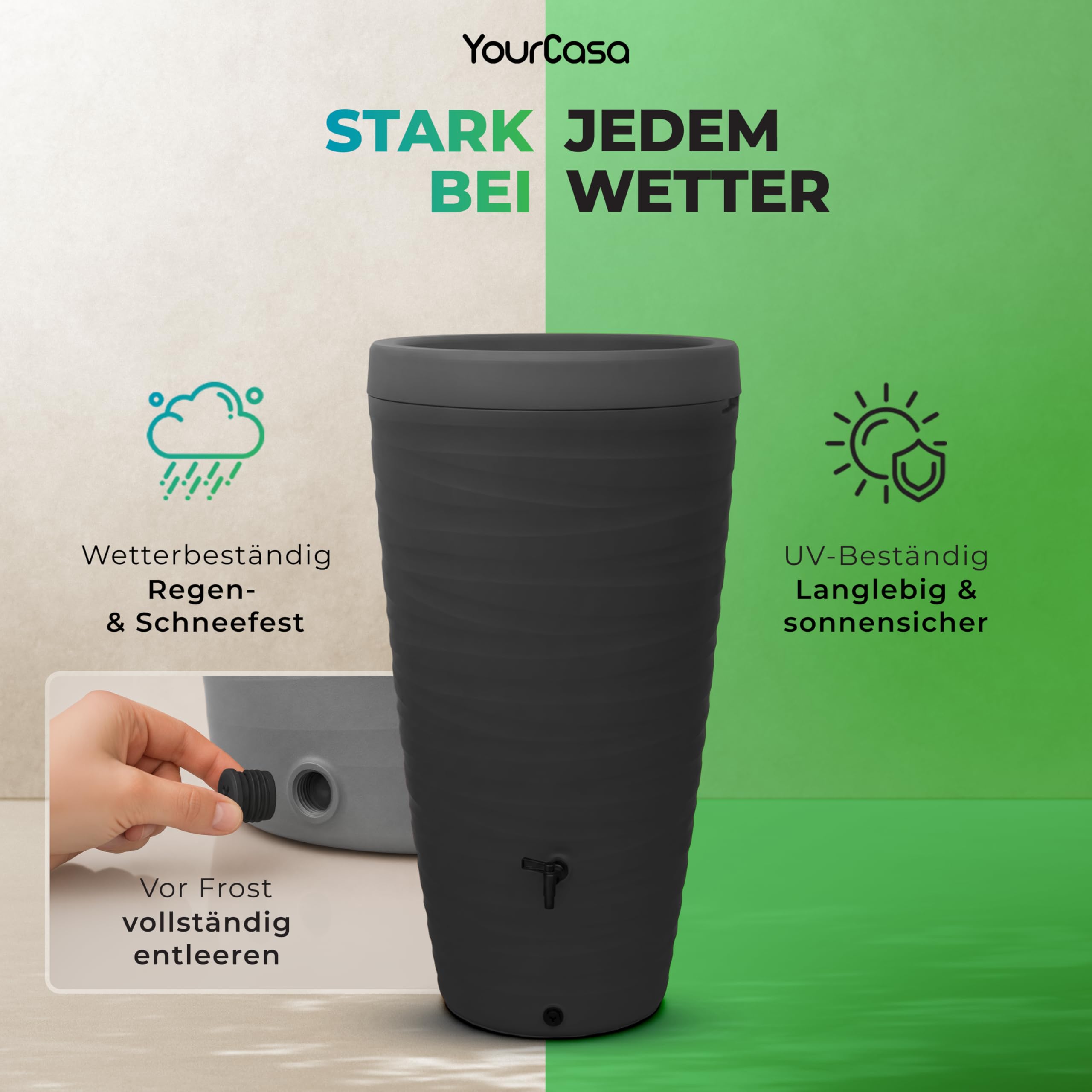 YourCasa Regentonne 240 Liter [Wave Design] Regenfass Frostsicher aus Kunststoff - Regenwassertonne mit Wasserhahn - Regenwassertank Garten Regenwassersammler Wasserfass Regentonne schmal (Grau)