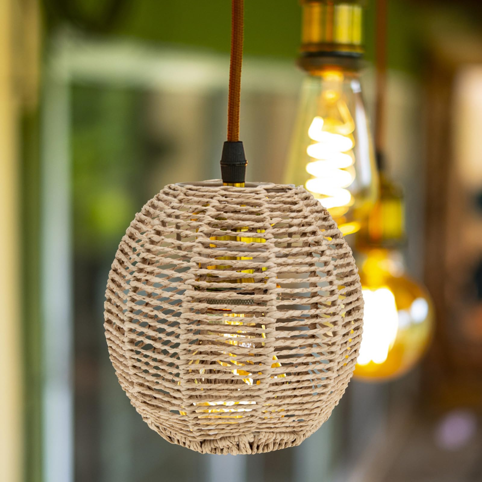Paralume Sospensione in Rattan Intrecciato, E27, 2 Pezzi, Rustico | Finitura Effetto Corda, per Zona Pranzo e Cucina, Anti-sbiadimento, Regalo Inaugurazione Casa