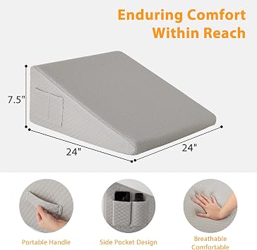 Ruqmuis Wedge Pillow for Sleeping, 7.5 Bed Wedge Pillow for Headboard, Triangle Incline Wedges for Acid Reflux, Pillow Wedge for Back Pain Relief, Elevated Leg Pillows After Surgery, Snoring, Grey