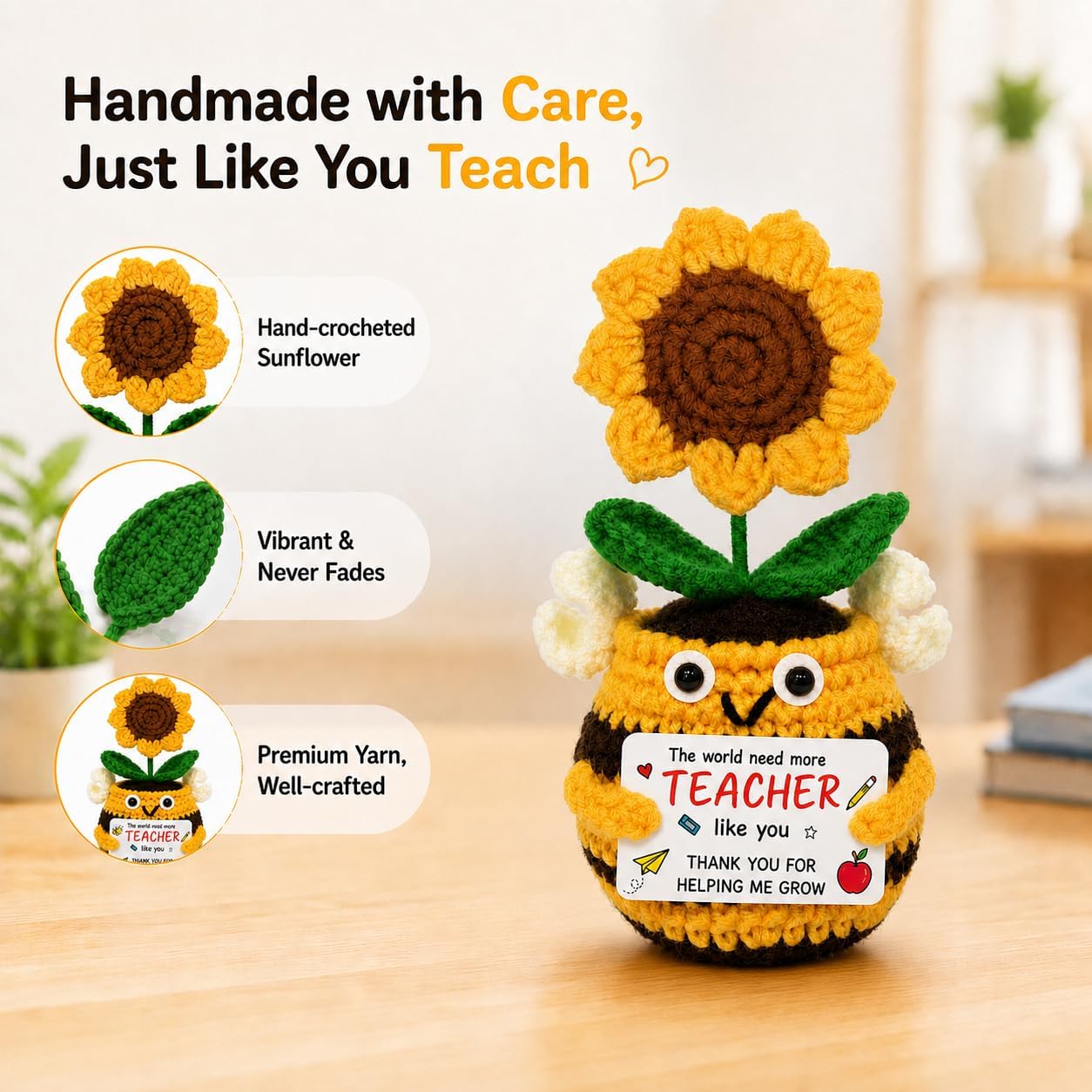 Teacher Gifts for Women, Handmade Crochet Bee Sunflower