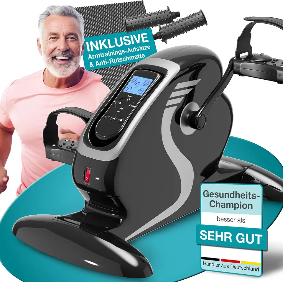 Männer – es lebe der Sport! 5 ELONEO 2in1 Arm- und Beintrainer mini Bike Pedaltrainer mit Motor, inkl. Trainingsdisplay, Massage-Handgriffe Anti-Rutschmatte, ideal für Senioren, Mini Heimtrainer schwarz