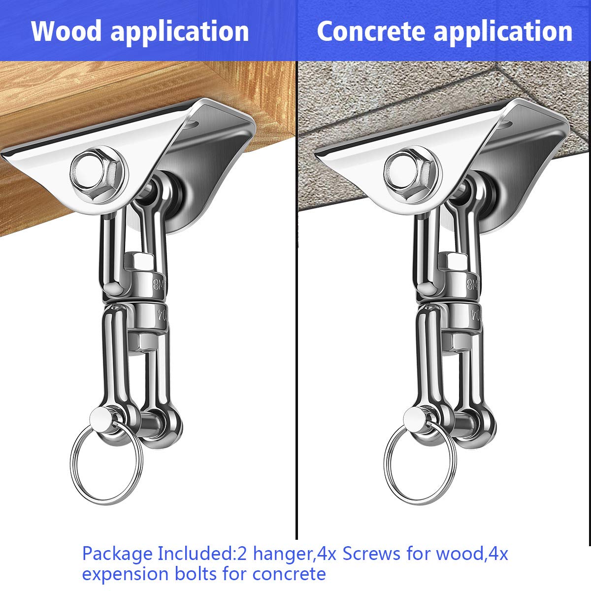 Awroutdoor 450kg Capacity Stainless Steel 360° Swivel Ceiling Hook, Swing Hook, Hanging Hook with Screw for Concrete Wood Sets Playground Porch Seat Trapeze Yoga 2 Piece Set