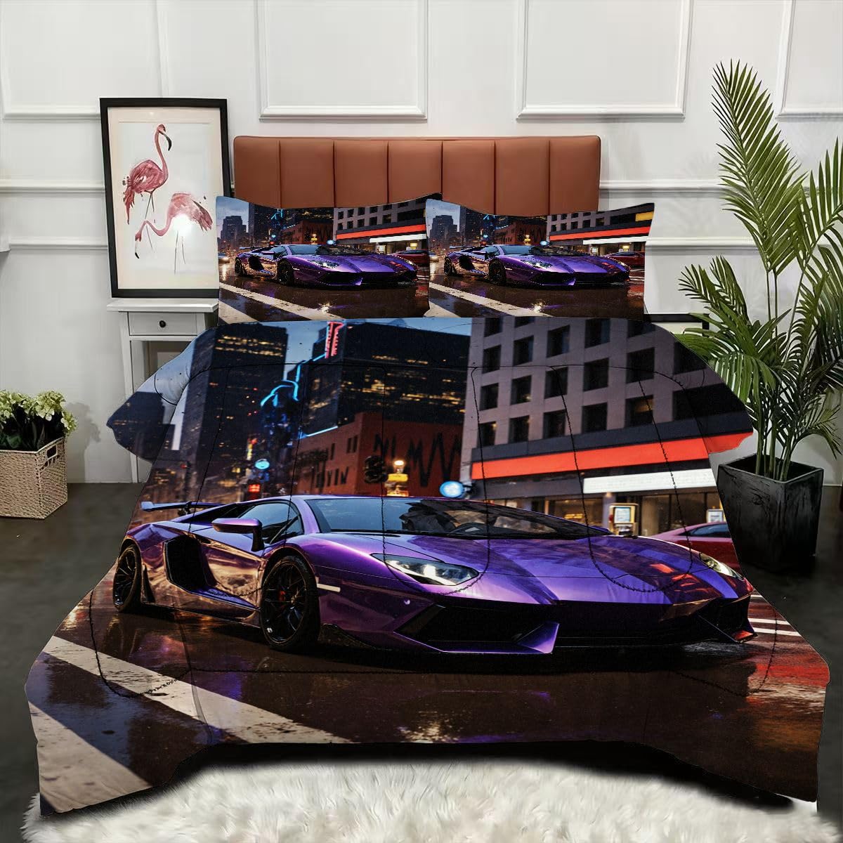 Couette 240x260 cm voiture de sport 3D avec 2 taies d'oreiller microfibre pour lit 2 personnes
