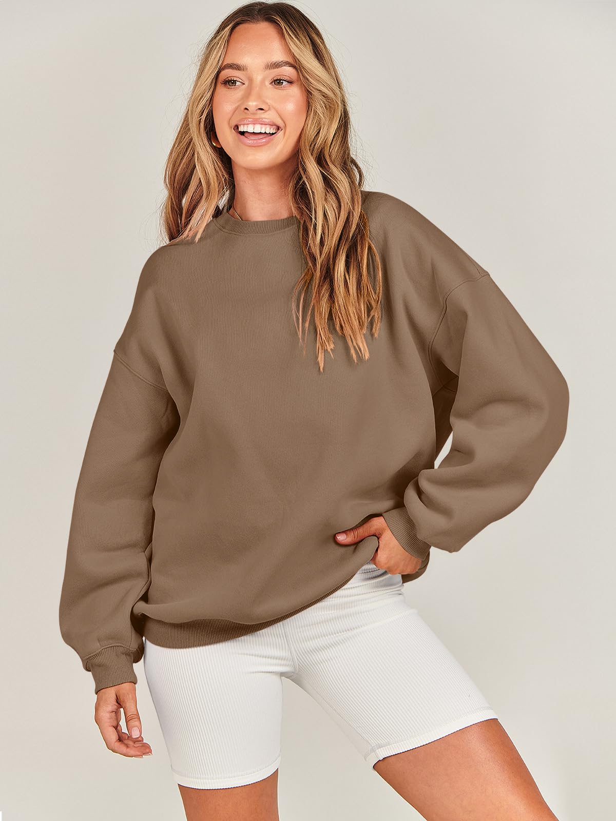 Damskie bluzy oversize bluzy z kapturem polar okrągły dekolt sweter top codzienne jesienne stroje preppy ubrania nastolatki 2024 A1019 światło, Jeden kolor, Brown_X-Small