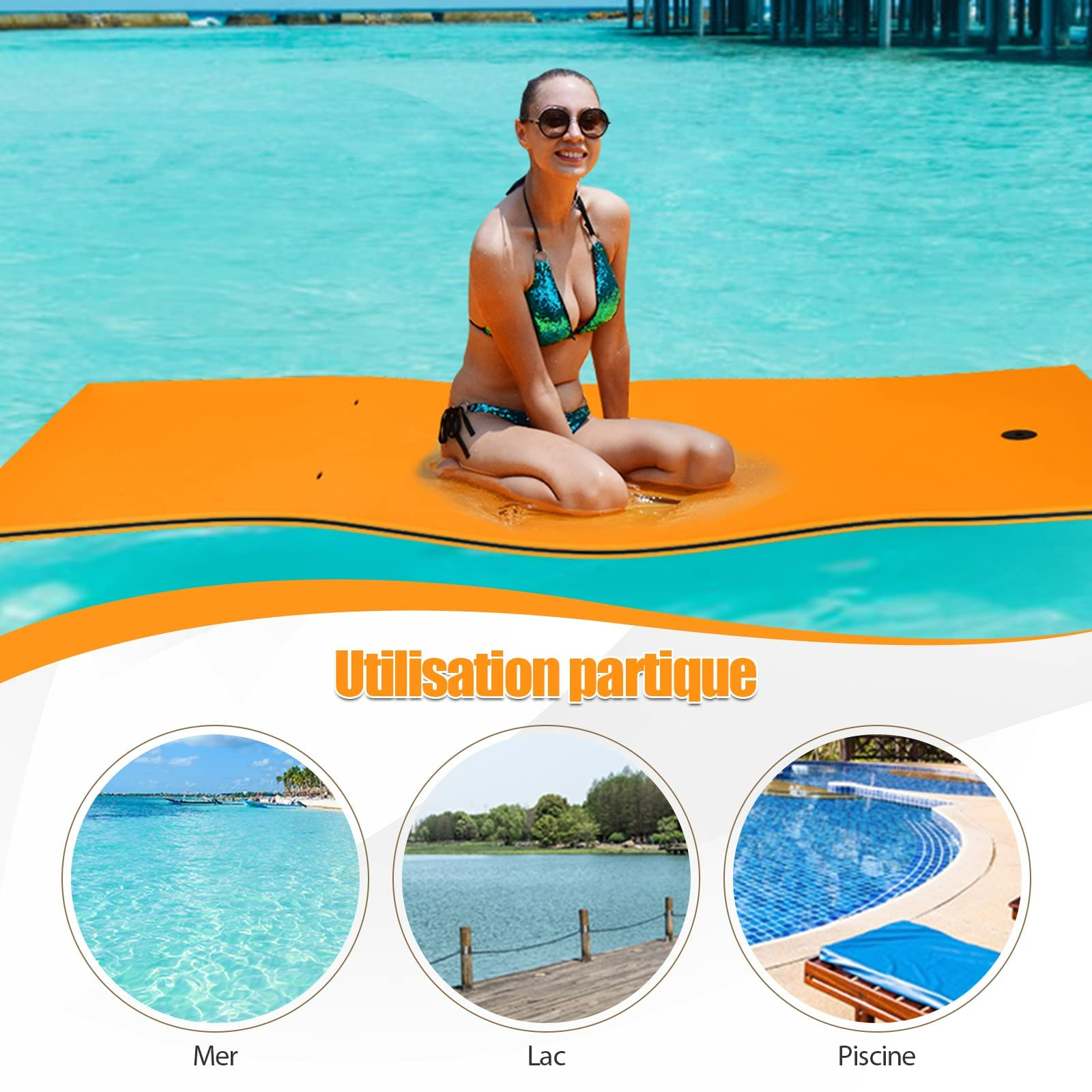 RELAX4LIFE Materasso Galleggiante Singolo, Stuoia Galleggiante in Schiuma XPE Morbida e Liscia, Lettino d’acqua Imbottito Prendisole, per Mare e Piscina, 210x66x3,5 cm (arancione)