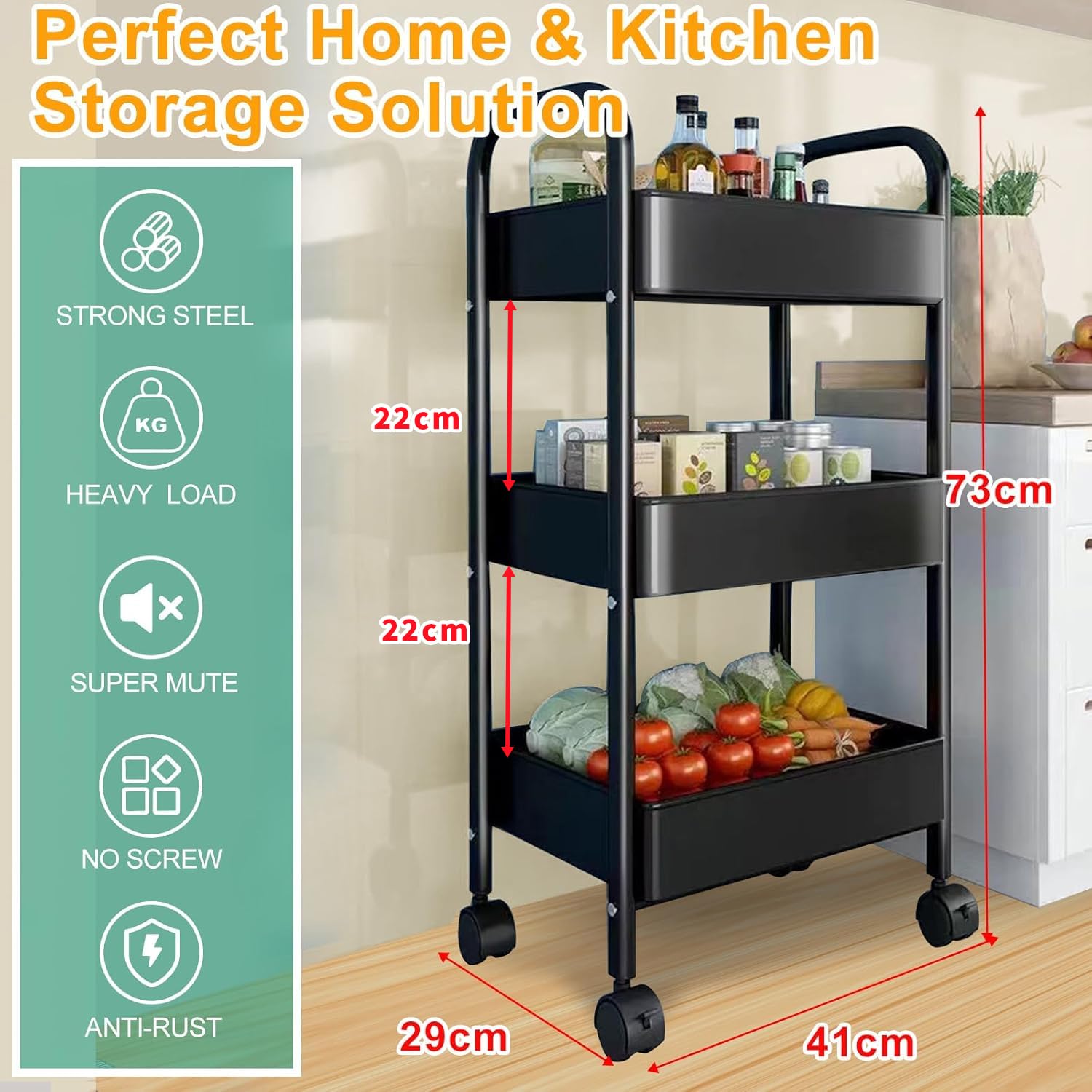 CoolLeaf KT-B3 Kitchen Storage Rack, Steel Kitchen Trolley with Wheels, Hooks and 3-Layer Baskets, Vegetable Stand for Kitchen Organizer, Onion Potato Rack for Kitchen-10kg Loading Per Layer | Black