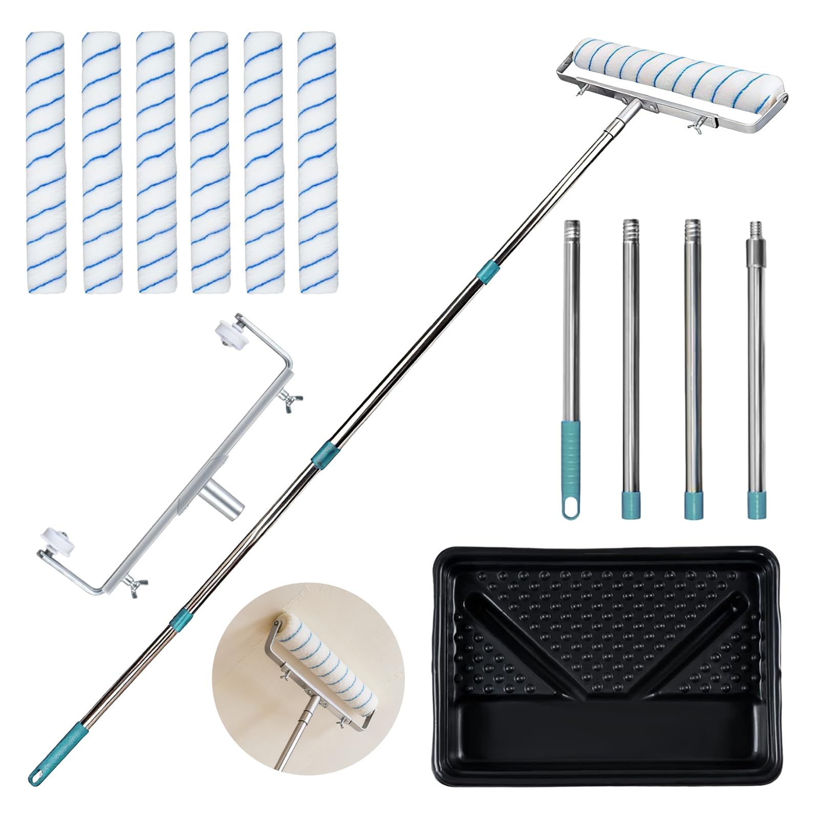 18 Inch Paint Roller Set, Large Professional Paint Roller with 6 PCS Rollers, Roller Extension Pole Up to 63” and Large Tray, for Painting Walls and Ceilings