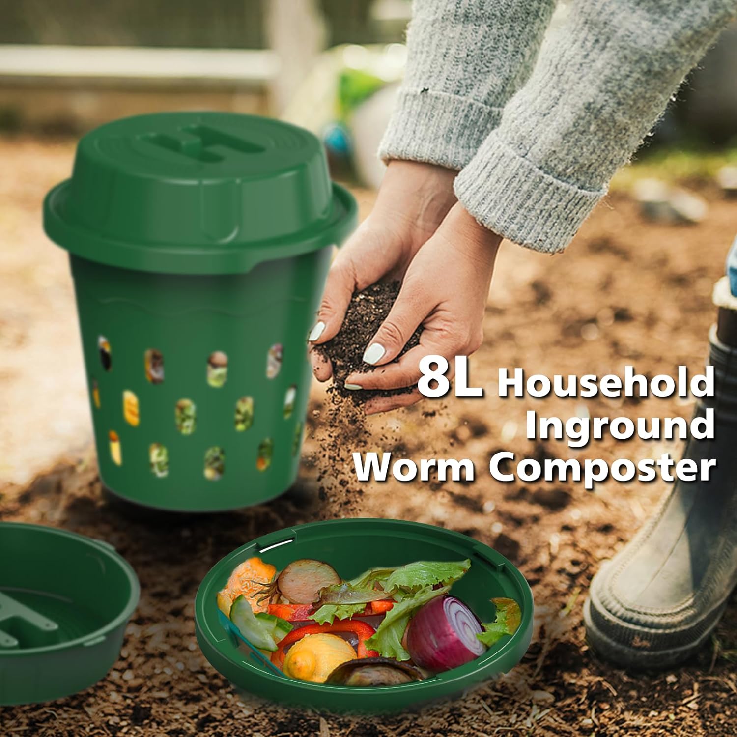 2-Pack Inground Worm Composter, Outdoor Worm Compost Bin for Garden Beds & Home Use, Vermicomposting Bin for Beginners (9.5x9.5x10.8Inch), Green