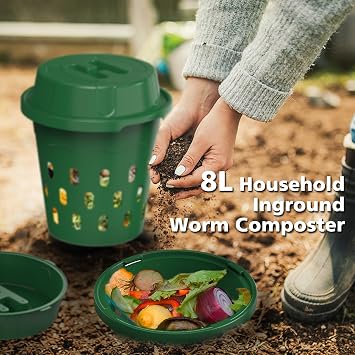 4-Pack Inground Worm Composter, Outdoor Worm Compost Bin for Garden Beds & Home Use, Vermicomposting Bin for Beginners (9.5x9.5x10.8Inch), Green
