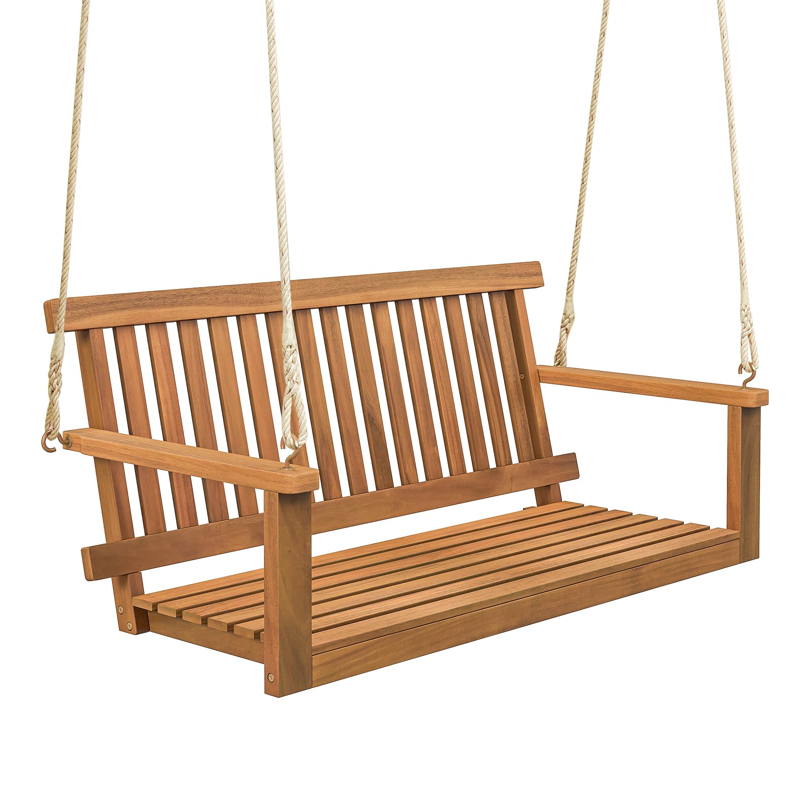 GIANTEX Hängebank Schaukel 2-Sitzer, Schaukelbank Outdoor, Hollywoodschaukel aus Massiv Akazienholz, Veranda-Schaukel Gartenschaukel zum Aufhängen 130 x 63 x 57 cm, Hängeschaukel bis 360 kg belastbar