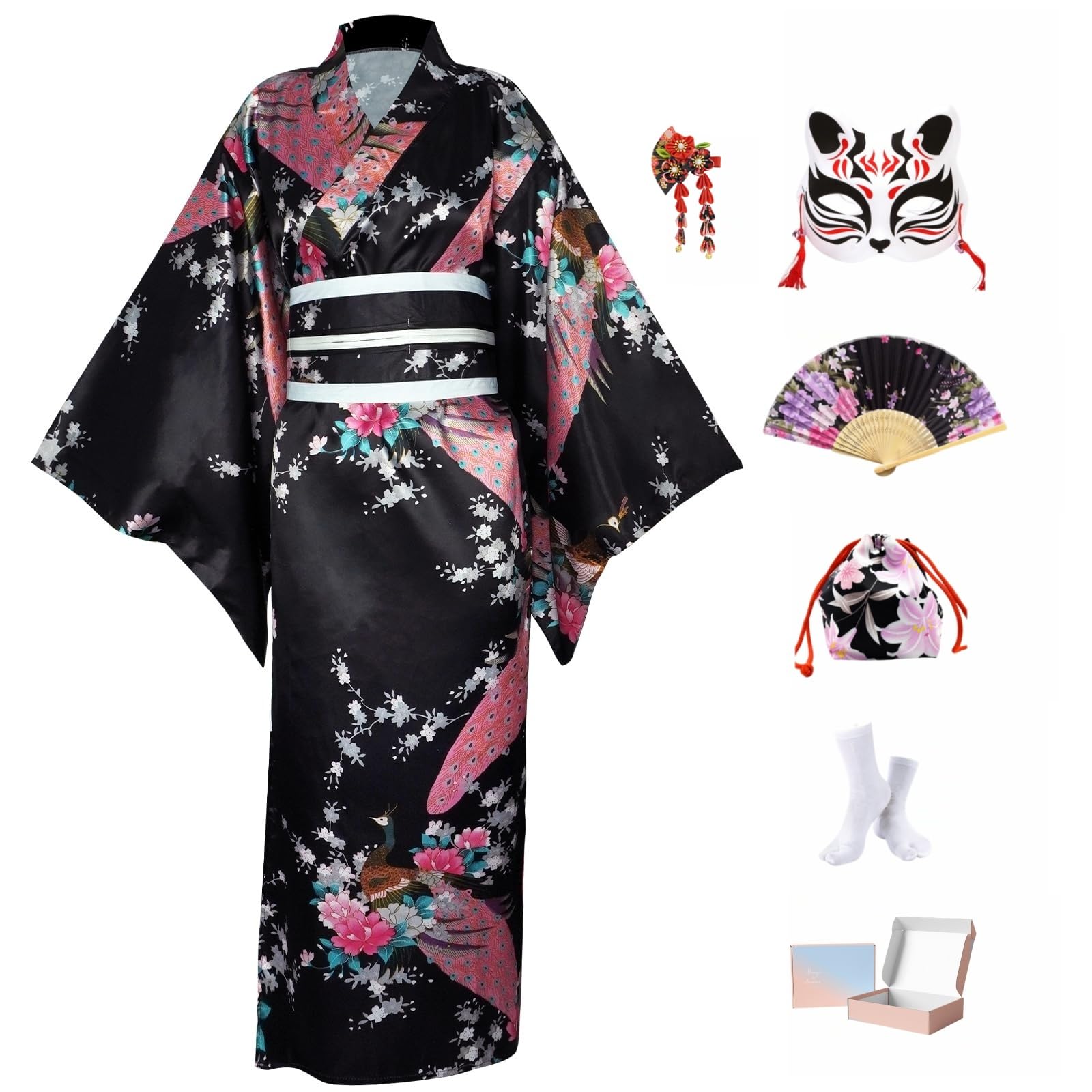 Completo Yukata Kimono Donna Giapponese in Raso Setoso, 8 Pezzi in Scatola Regalo - Costume Geisha Elegante Motivo Pavone o Sakura, Abito Cosplay Anime per Carnevale, Feste, Festival, Fotografia