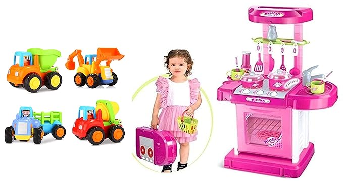 Popsugar Happy Engineering Vehicles Including Tractor / Bulldozer / Dumper / Cement Mixer & Popsugar Kitchen Set with Light and Sound (Pink,TH008-58) Combo