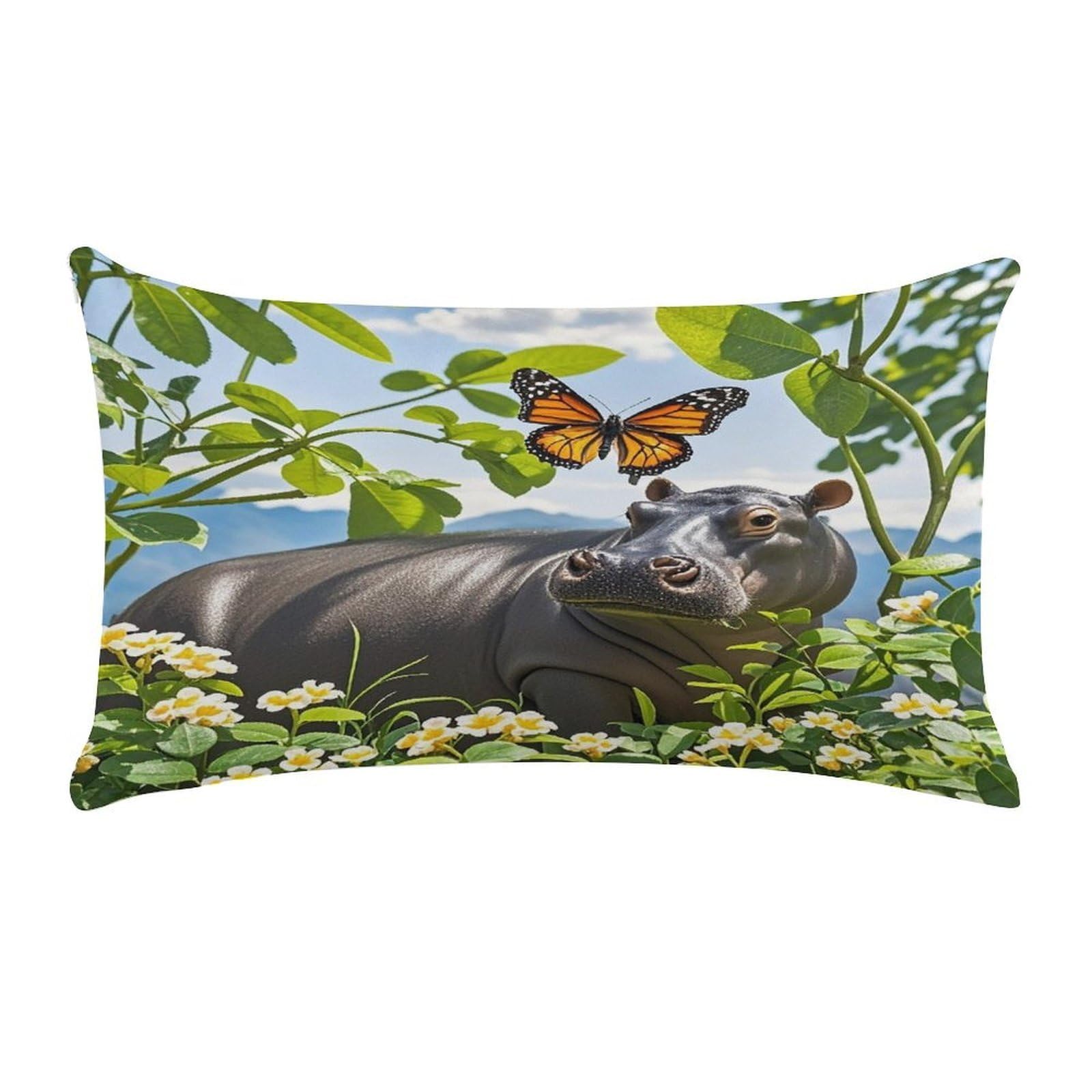 Butterfly and Hippo Lumbar Throw Pillow Cover Soft Plush Cushion Case Farmhouse Long Throw Pillowcase Decorative Pillow Case Cushion Covers for Sofa Living Room Couch Bed Decor 12 X 20 Inch