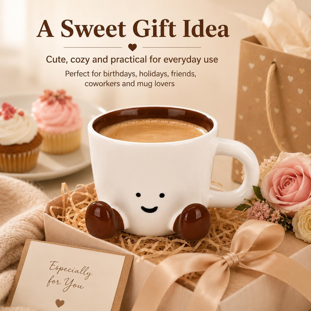 Cute Ceramic Mug, 12.8oz/380ml Unique Handcrafted Shape Coffee Cup with Smile Face, Adorable Kawaii Drinkware Gift for Women