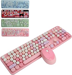 Conjunto de mouse com teclado retrô para máquina de escrever teclado sem fio, teclado bonito para mesa, combinação de mouse com teclado de 104 teclas, teclado redondo retrô, teclado sem fio redondo de 1600 DPI (rosa)