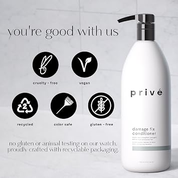 Prive Damage Fix Conditioner - Repairs Dry and Over-Processed Hair from Within Protects Future Additional - Smooths Frizz, Restores Shine, Strengthens Weak, Brittle Strands - 33.8 oz