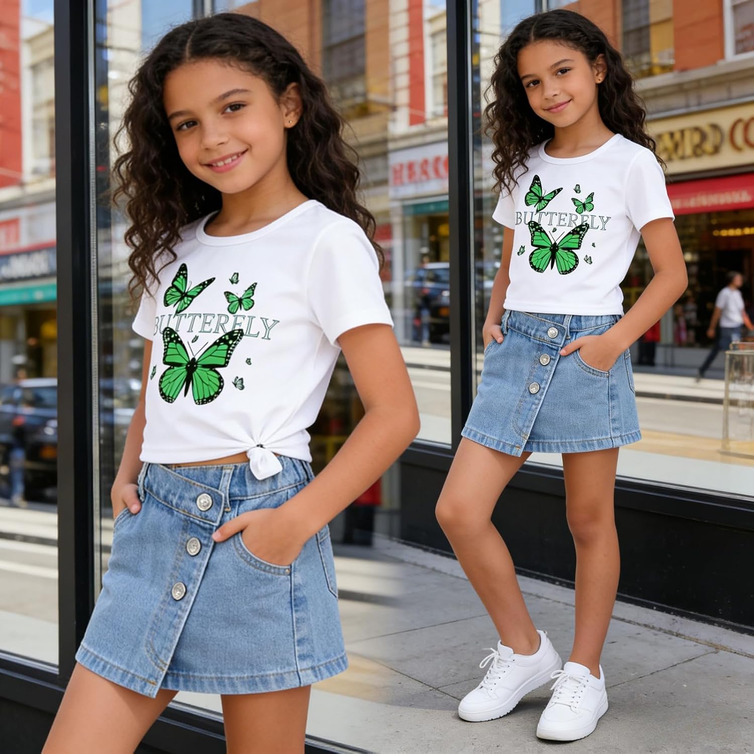 Girls Clothes 2PCS Butterfly Print Short Sleeve T-Shirt Denim Skirt Shorts Set Teen Tween Girls Summer Outfits Set image 5
