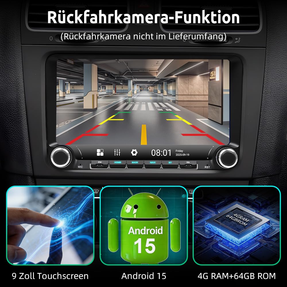 ESSGOO Android 14 Autoradio für VW Golf 5/6, T5, Passat, Polo, Touran, Tiguan, Caddy, Seat – 9" Touchscreen mit Wireless CarPlay/Android Auto, Plug & Play, 4+64GB, GPS Navi, Bluetooth