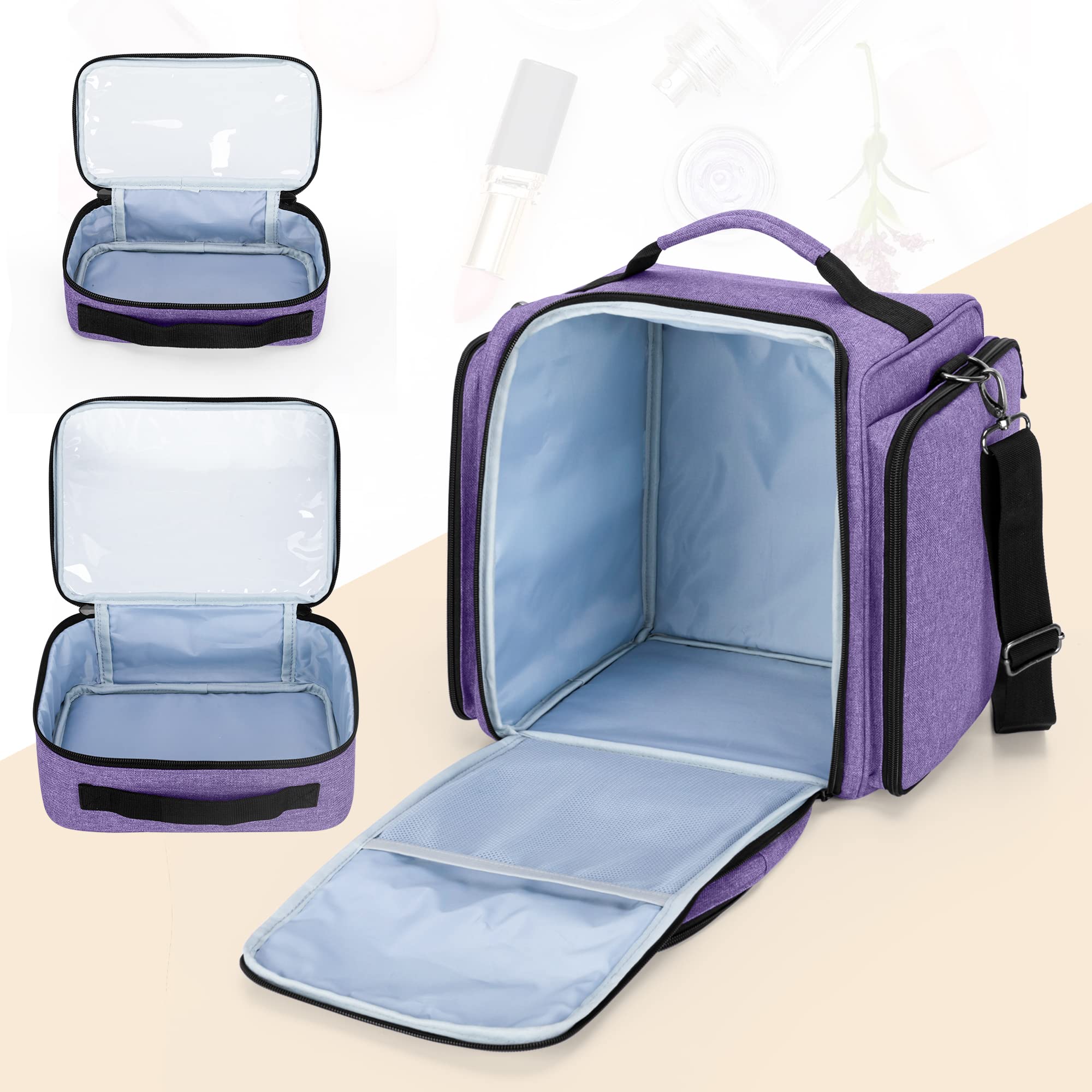 BAFASO Bolsa de Maquillaje Bolsa de Cosméticos con 4 Bolsillos, Púrpura | Estuche Multifuncional de Maquillaje de Viaje, Bolsillos Internos Extraíbles
