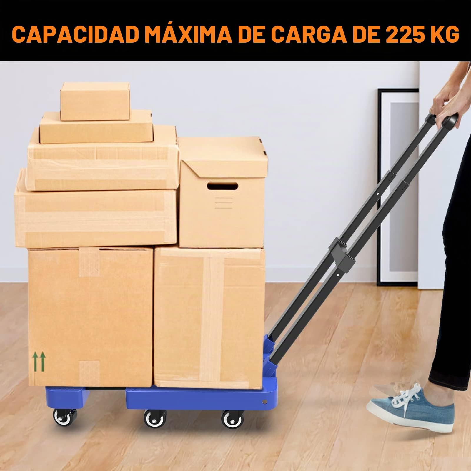 Ronlap Carretilla Plegable, Carretilla de Transporte Plegable con 2 Cuerdas Extensibles - Capacidad de Carga 225 KG, con 6 Ruedas Área de Carga Extra Grande, Azul