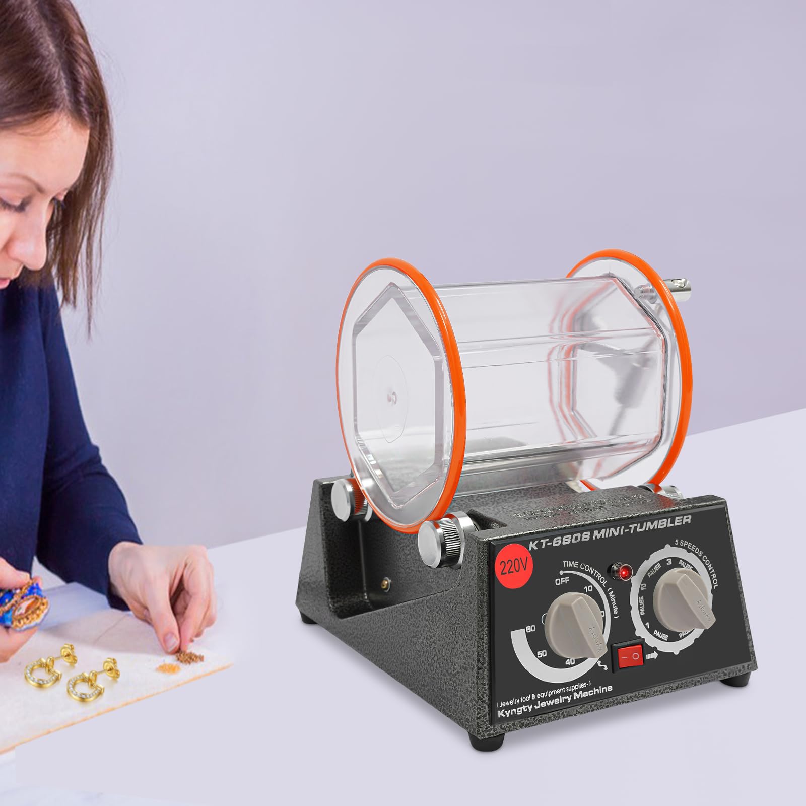 Pulidora de 3 kg 220 V, tambor de pulido, molinillo de bolas con motor de 60 W y temporizador, 5 niveles de regulación de velocidad (500 – 3000 rpm), barril transparente para joyas, monedas, piezas