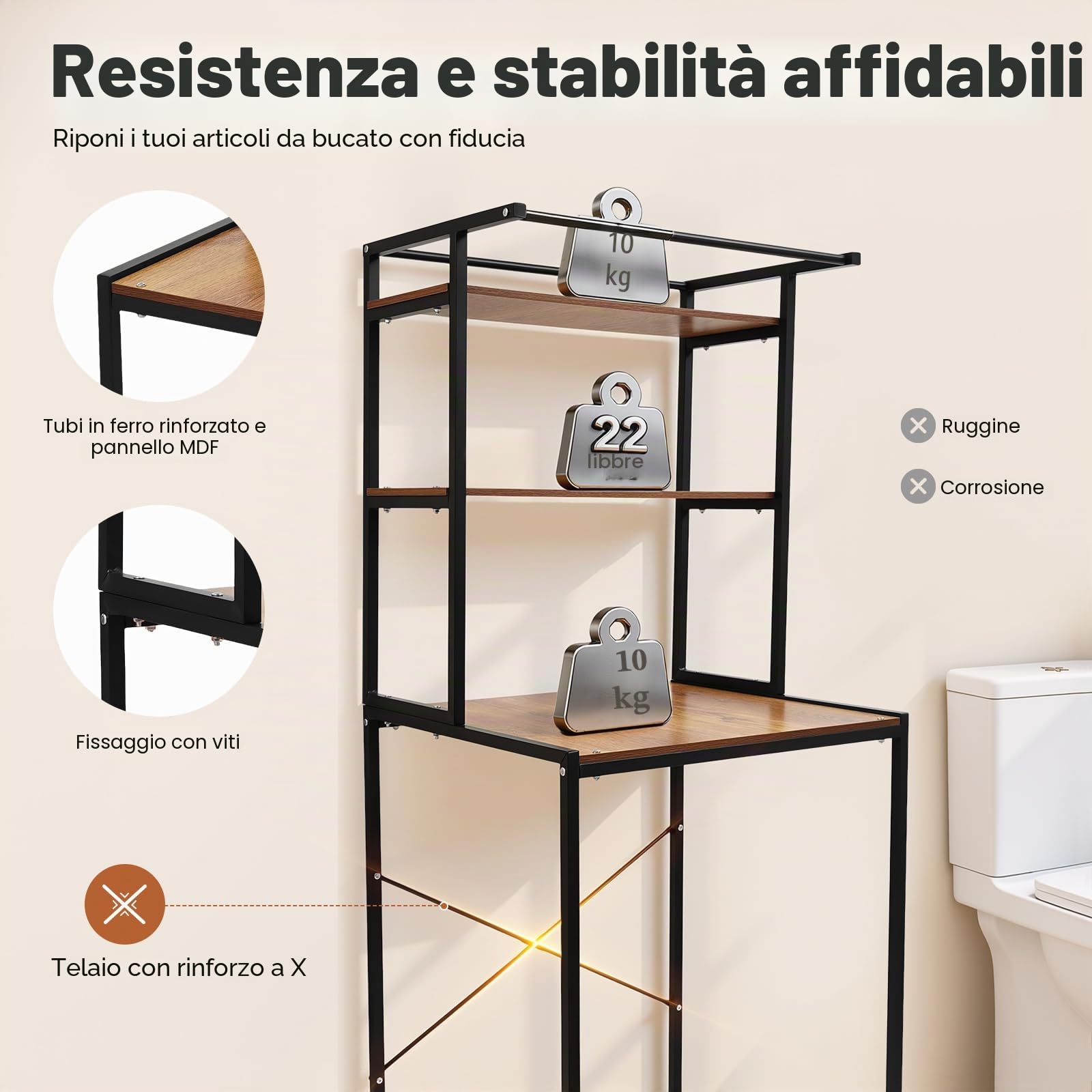 Scaffale per lavatrice, in metallo, per bagno, per lavatrice, con 3 ripiani, 69 x 60 x 176 cm, colore: nero