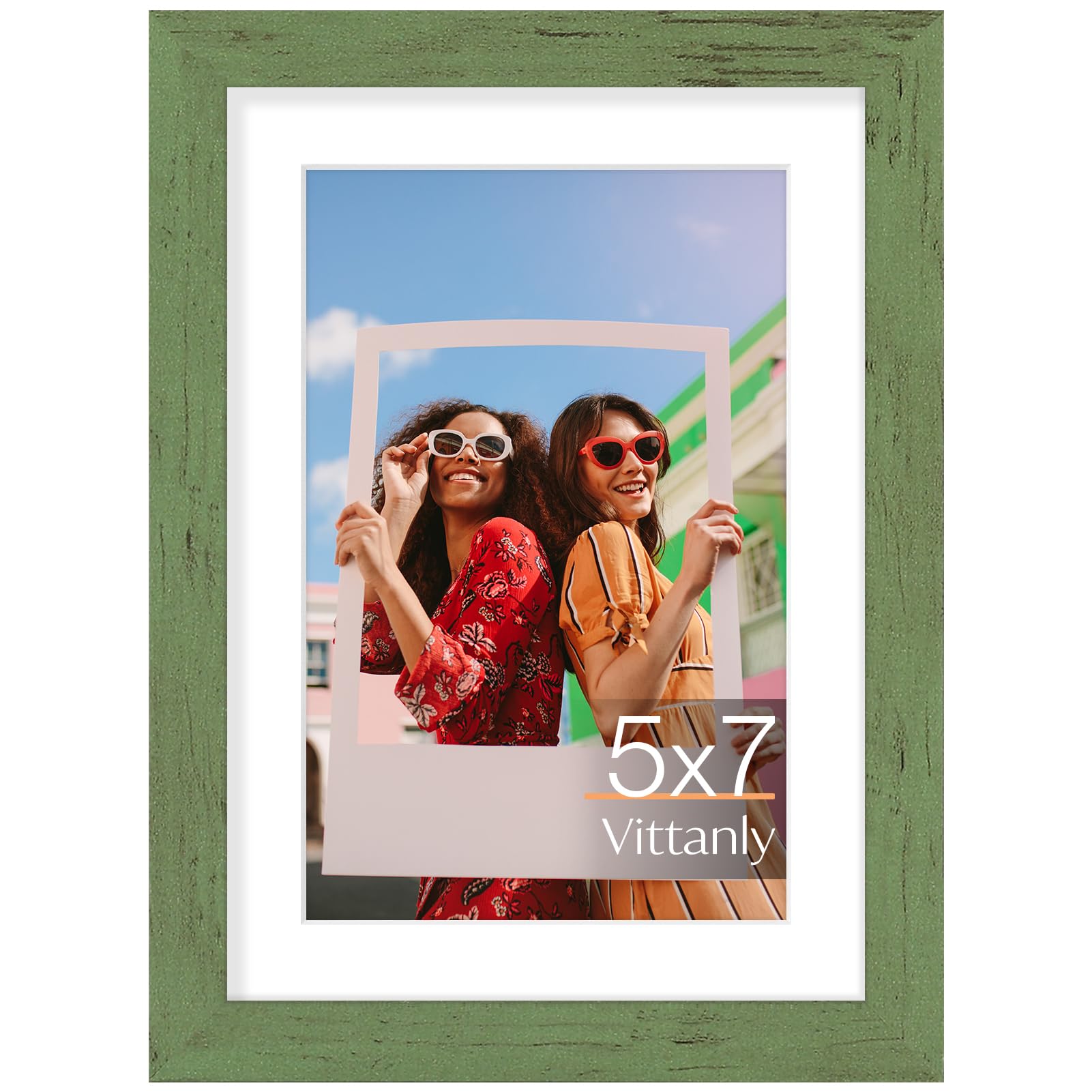 Vittanly 5x7 Picture Frame, Display Pictures 4x6 with Mat or 5x7 without Mat, Premium Material with Shatter Resistant Plexiglass, Photo Frame for Wall or Table Top Display, Rustic Green, 1 Pack — image 1