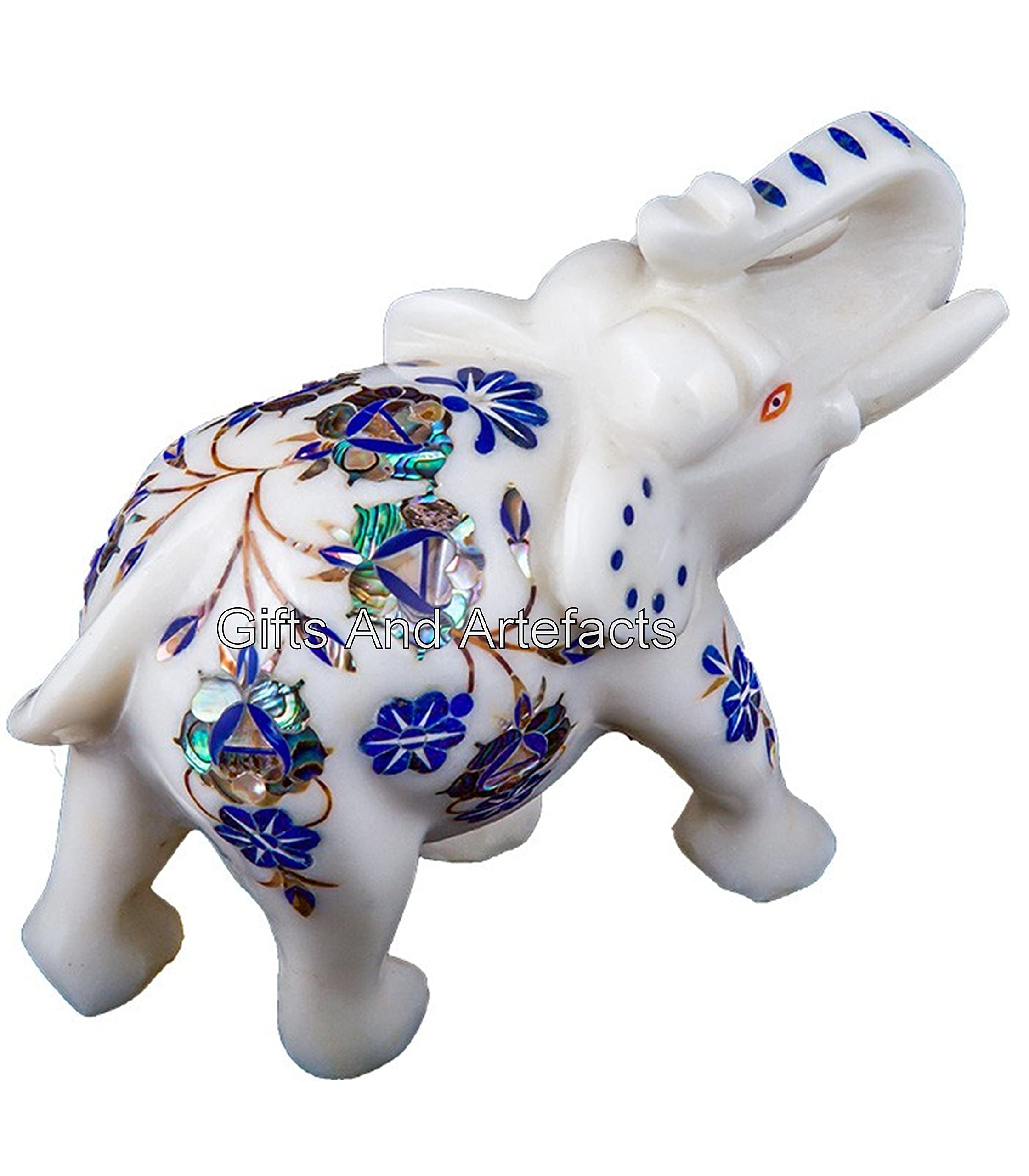 Estatua de elefante con incrustaciones de lapislázuli Lazui, hecha a mano, elefante de la buena suerte, 12,7 cm, estatua de mármol para regalo, acento decorativo, figura de mármol para decoración de