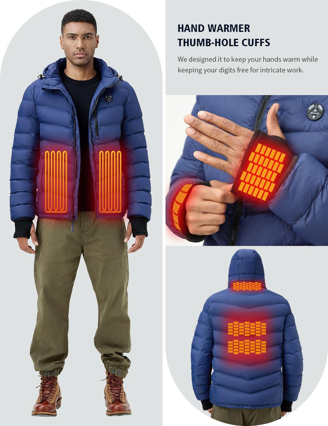 iHood Men's Heated Jacket With 12V Battery Pack-Insulated Lightweight Hooded Hand-Heating Electric Heated Puffer Jacket - Image 7