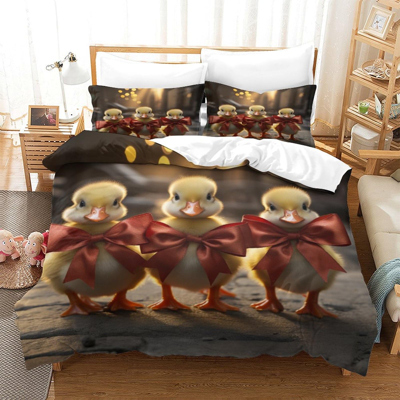 P1S9U7W5Y 3D Printed Cute Duck 3 Piece Microfiber Duvet Cover Set for Adults Teens Bedroom Decor Animal Theme Bedding Set King（220x240cm）